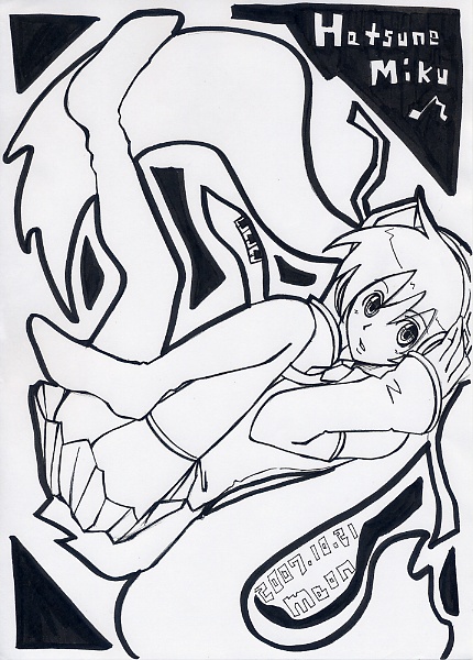 maon, hatsune miku, vocaloid, marker (medium), traditional media, 1girl, detached sleeves, dutch angle, female focus, full body, greyscale, lineart, looking at viewer, monochrome, musical note, necktie, signature, solo, thighhighs, twintails