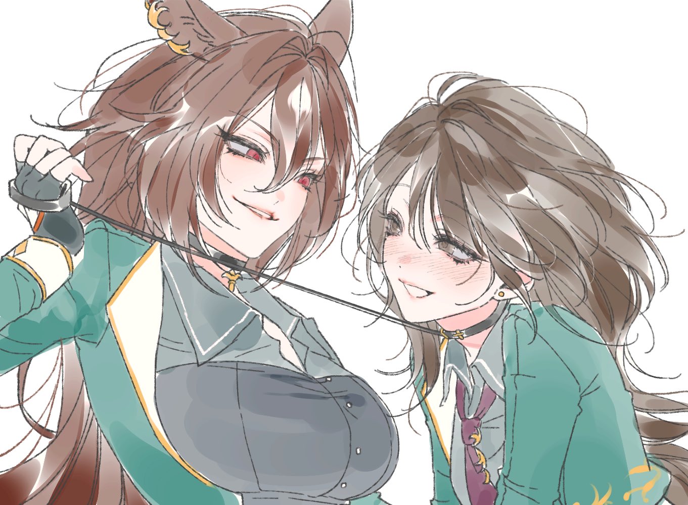 sirius symboli (umamusume), symboli rudolf (umamusume), umamusume, character request, check character, animal ears, biting own lip, black choker, black shirt, blush, breasts, brown eyes, brown hair, choker, earrings, green jacket, grin, hair between eyes, holding, holding leash, horse ears, humanization, jacket, jewelry, large breasts, leash, leash pull, long hair, necktie, open mouth, red eyes, red lips, red necktie, shirt, simple background, siriusjfu, smile, stud earrings, upper body, white background