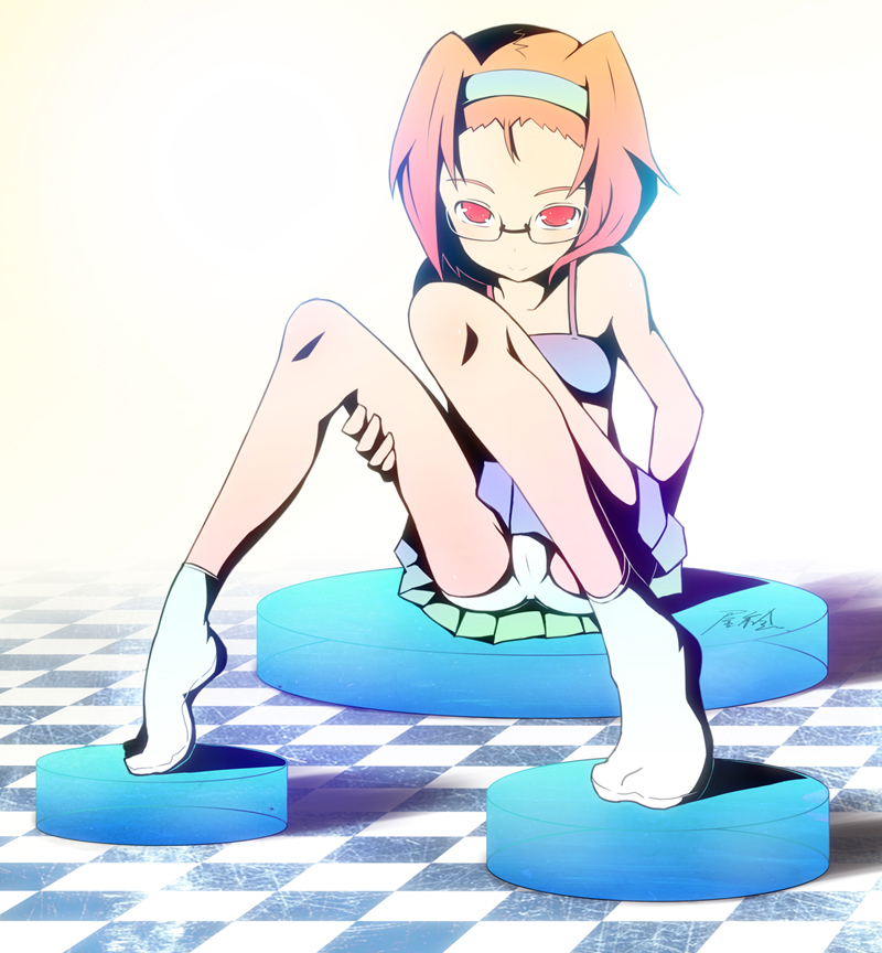 kendo (artist), tainaka ritsu, k-on!, bad id, bad pixiv id, 00s, 1girl, bare shoulders, brown hair, female focus, full body, glasses, hairband, panties, pantyshot, red eyes, short hair, skinny, smile, socks, solo, underwear, white panties