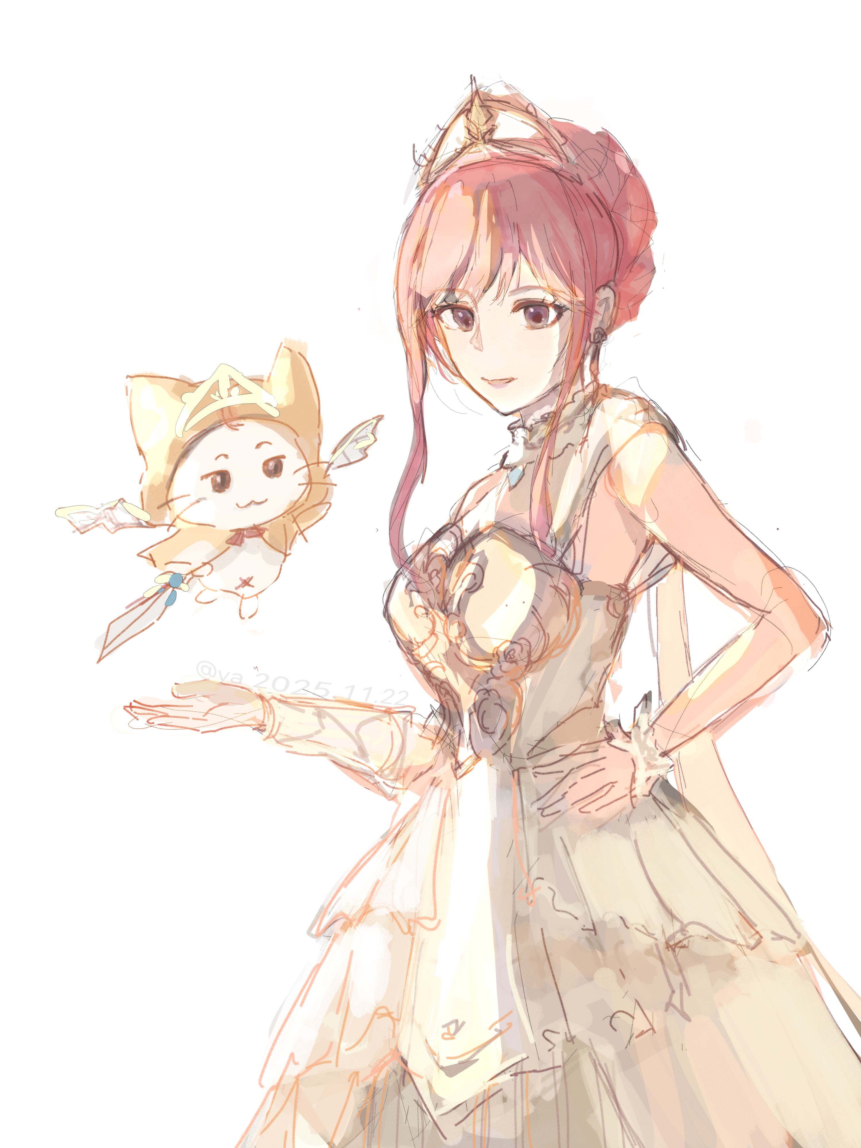 momo (nikki), nikki (nikki), infinity nikki, nikki (series), absurdres, chinese commentary, commentary request, highres, 1girl, :3, angel wings, animal, arm warmers, armor, artist name, bare shoulders, blue gemstone, bow, bowtie, breastplate, brown eyes, brown pupils, bukeyisese40877, cat, chest jewel, cloak, closed mouth, clothed animal, collar, cowboy shot, dated, detached collar, dress, ear covers, eyelashes, frilled collar, frilled wrist cuffs, frills, gem, gold tiara, hand on own hip, happy, holding, holding sword, holding weapon, hood, hood up, hooded cloak, melody bloom (infinity nikki), navel, open mouth, outstretched hand, pink hair, red bow, red bowtie, short hair with long locks, sidelocks, simple background, single arm warmer, single wrist cuff, sleeveless, sleeveless dress, smile, spread wings, standing, sword, traditional bowtie, updo, weapon, whiskers, white arm warmers, white background, white cat, white collar, white dress, white wings, white wrist cuffs, winged animal, wings, wrist cuffs, yellow cloak