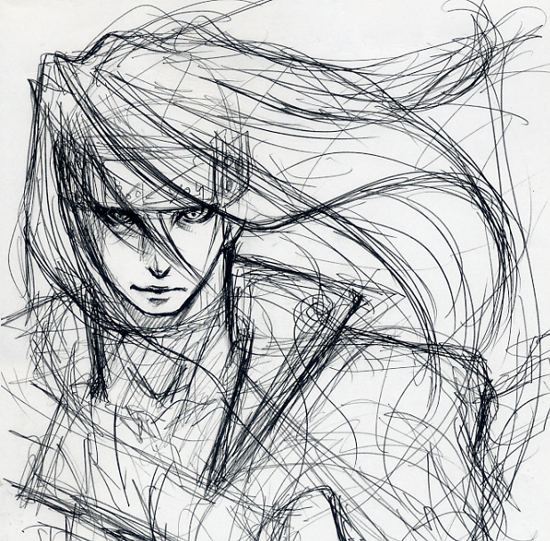 maon, order-sol, order sol, sol badguy, arc system works, guilty gear, millipen (medium), pen (medium), traditional media, greyscale, headband, long hair, male focus, monochrome, portrait, sketch, solo