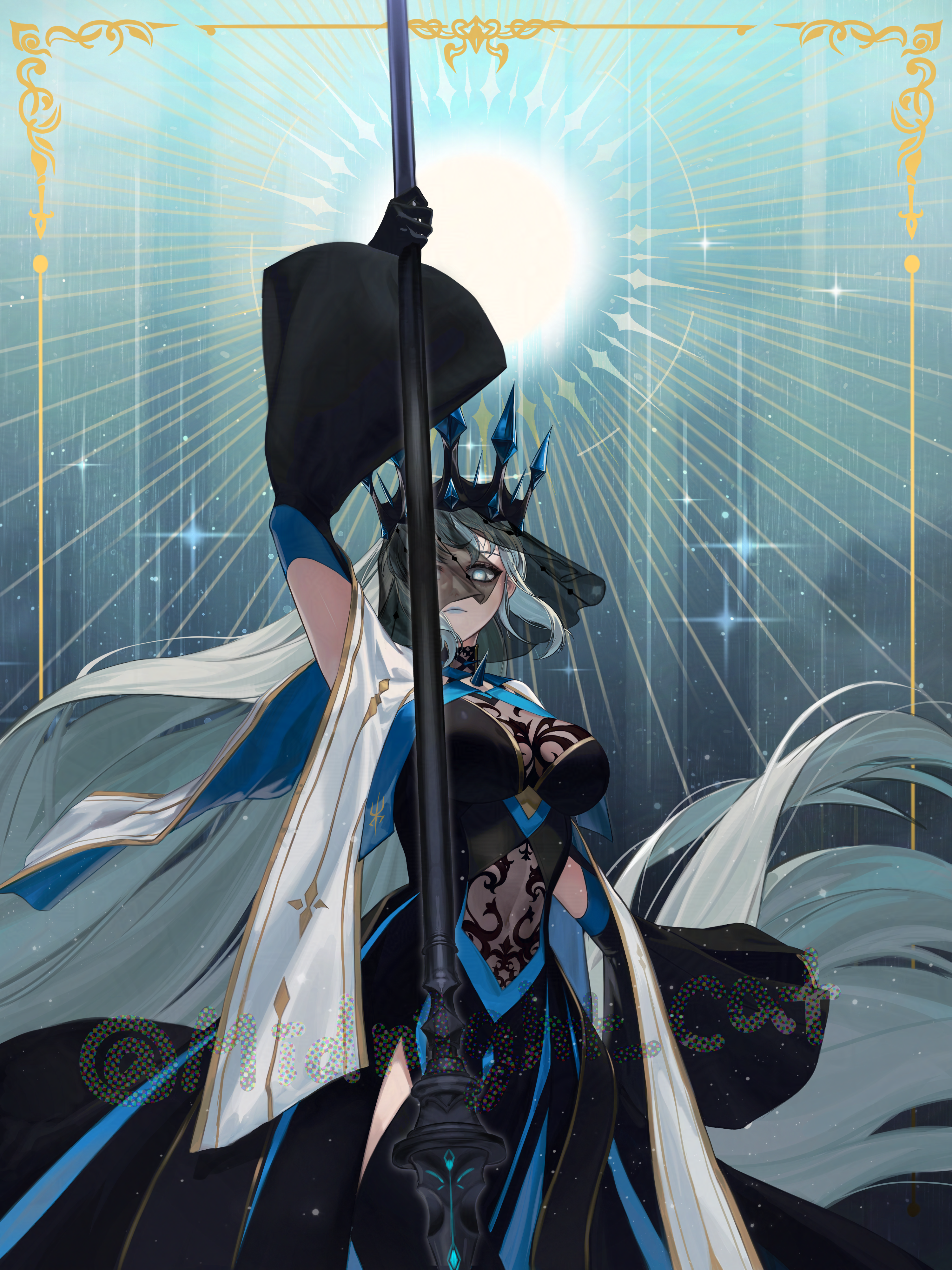 morgan le fay (fate), morgan le fay (queen of winter) (fate), fate/grand order, fate (series), absurdres, highres, 1girl, absurdly long hair, artist name, black dress, black gloves, black veil, blue gemstone, blue lips, breasts, chest spike, clothing cutout, cowboy shot, crown, dress, expressionless, floating hair, gem, gloves, glowing, glowing eyes, gold border, halterneck, holding, holding polearm, holding weapon, large breasts, long dress, long hair, looking at viewer, myoha moon, outside border, polearm, see-through clothes, sleeveless, sleeveless dress, solo, stomach cutout, studded, veil, very long hair, weapon, white hair, wide sleeves