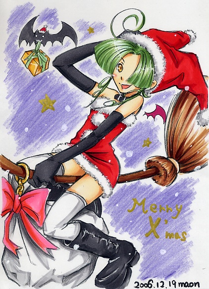 maon, original, colored pencil (medium), marker (medium), traditional media, 00s, 1girl, 2006, ahoge, bare shoulders, bat (animal), bat wings, boots, bow, broom, broom riding, choker, christmas, colored pencil, dated, elbow gloves, female focus, gift, gloves, green hair, hair over one eye, hat, jester cap, merry christmas, orange eyes, pencil, santa costume, santa hat, signature, solo, star (symbol), thighhighs, wings