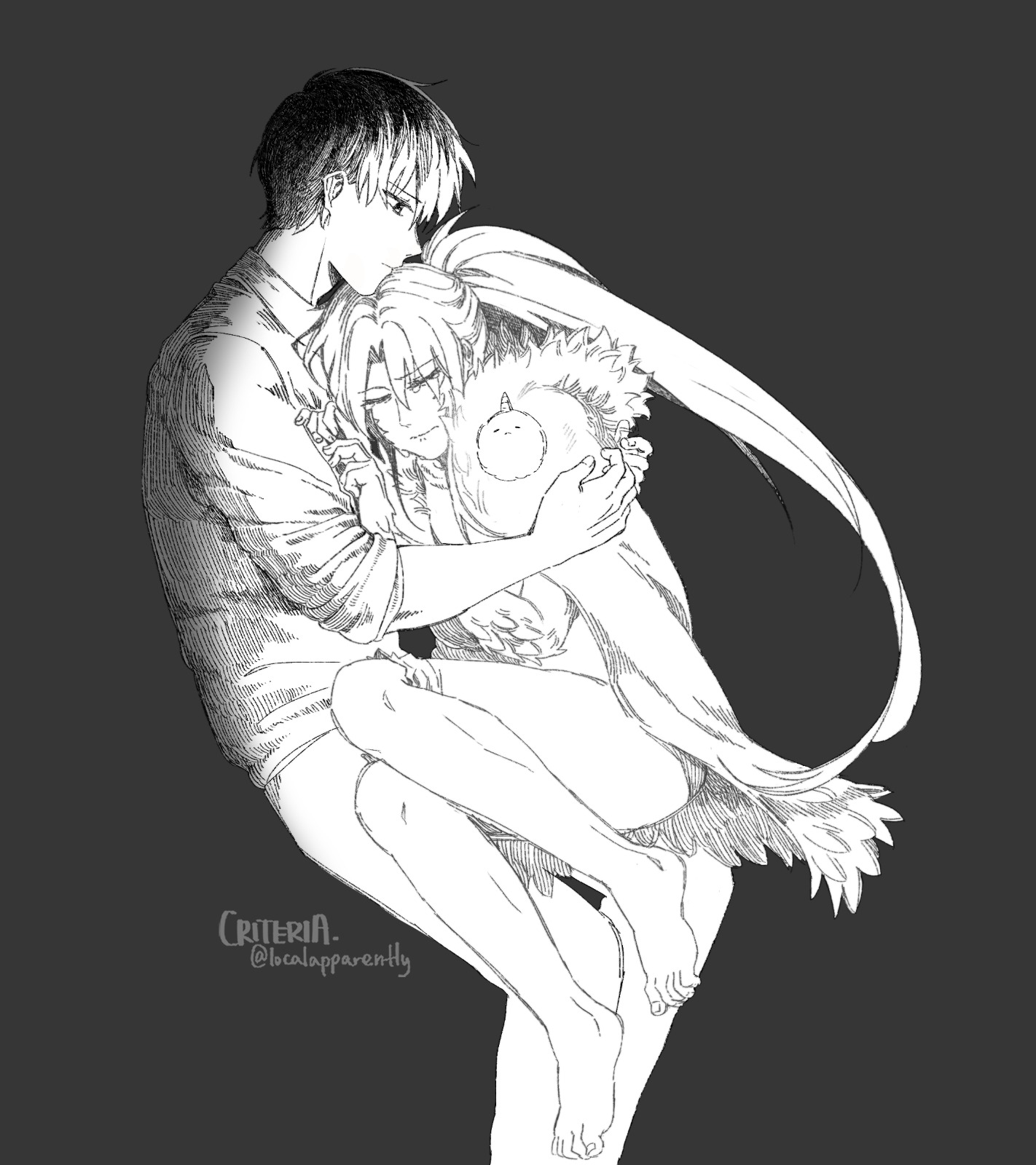 criteria, biyoo (omniscient reader's viewpoint), kim dokja, shin yoosung, omniscient reader's viewpoint, highres, 1boy, 1girl, animal, barefoot, closed eyes, curled up, dual persona, full body, fur collar, greyscale, hand on another's shoulder, high ponytail, hug, long hair, monochrome, ponytail, short hair, sitting, sitting on lap, sitting on person, sleeves rolled up