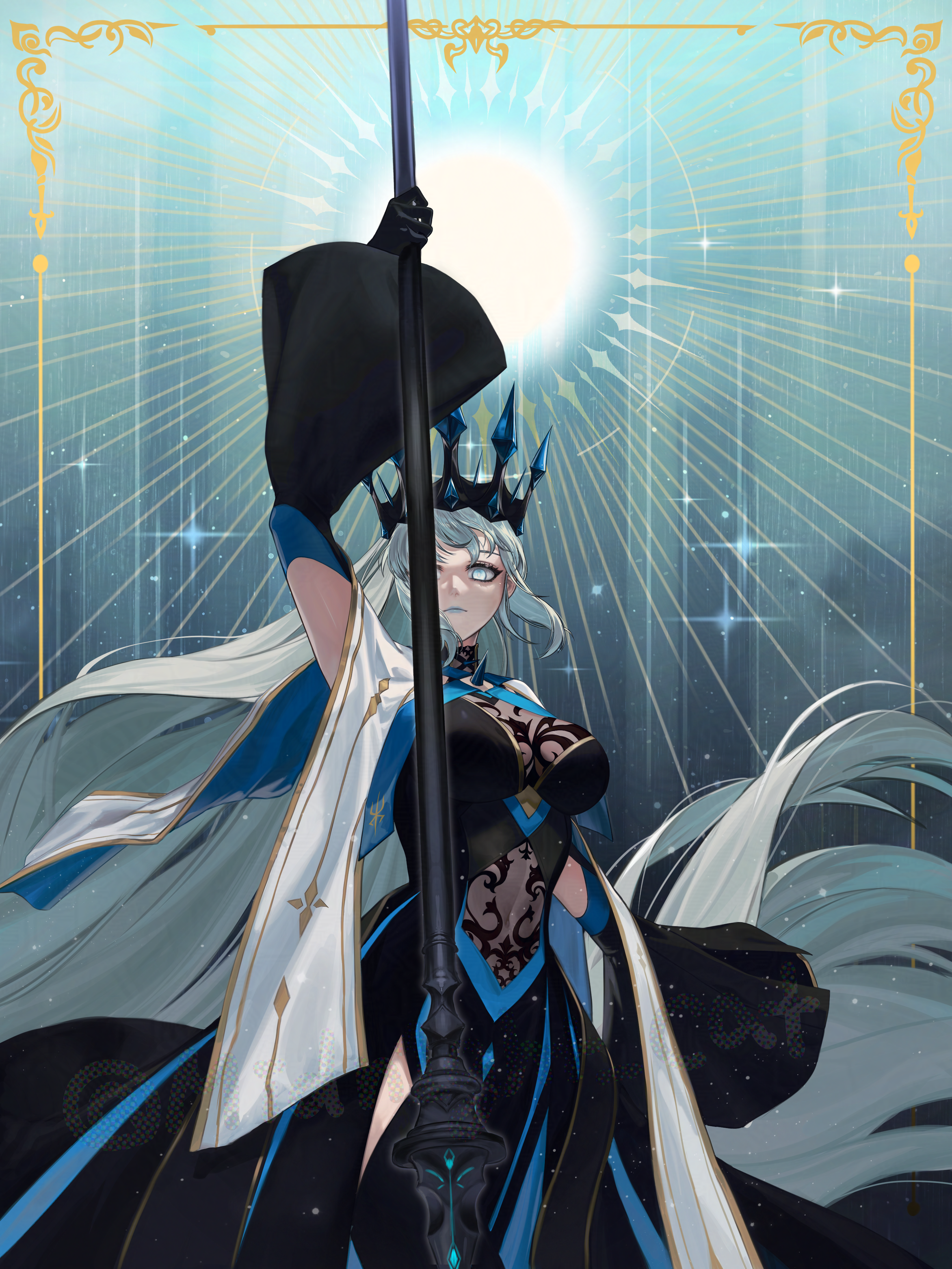 morgan le fay (fate), morgan le fay (queen of winter) (fate), fate/grand order, fate (series), absurdres, highres, 1girl, absurdly long hair, artist name, black dress, black gloves, blue gemstone, blue lips, breasts, chest spike, clothing cutout, cowboy shot, crown, dress, expressionless, floating hair, gem, gloves, glowing, glowing eyes, gold border, halterneck, holding, holding polearm, holding weapon, large breasts, long dress, long hair, looking at viewer, myoha moon, one eye covered, outside border, polearm, see-through clothes, sleeveless, sleeveless dress, solo, stomach cutout, studded, very long hair, weapon, white hair, wide sleeves
