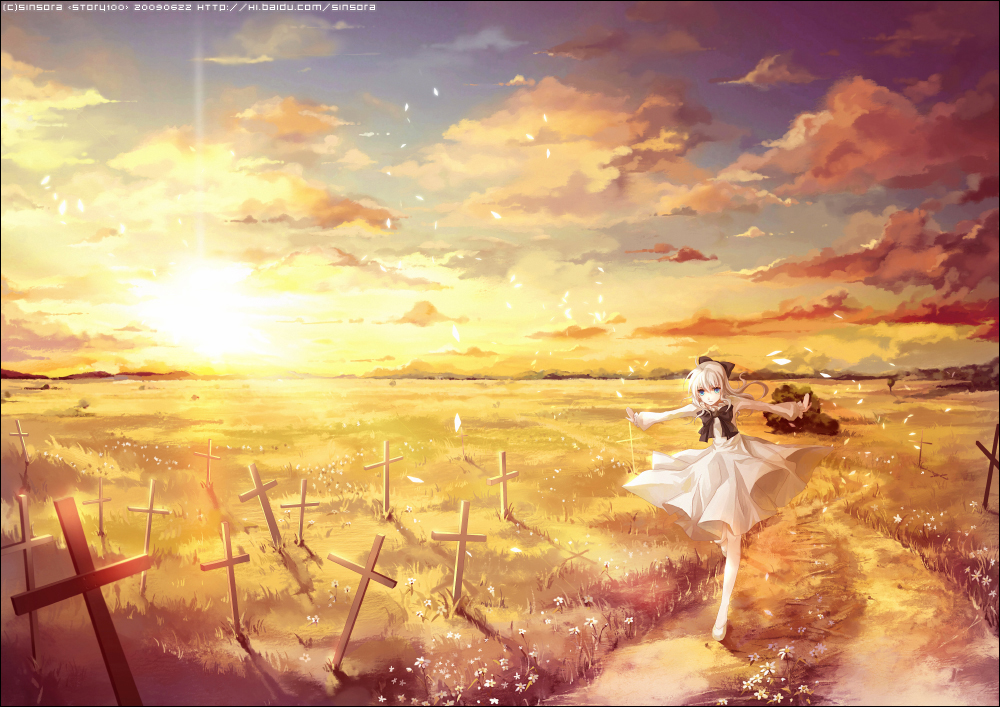 sinsora, original, bad id, bad pixiv id, 1girl, blue eyes, bow, bowtie, cloud, cross, dress, female focus, flower, grave, graveyard, meadow, outstretched arms, petals, scenery, solo, spread arms, standing, standing on one leg, sunlight, sunset, white hair, wide shot, wind