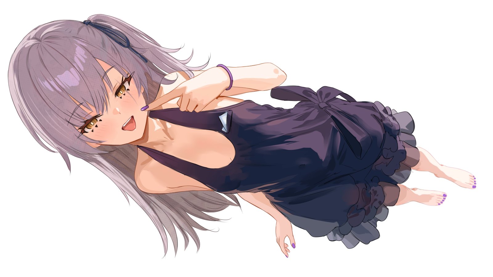 plunplun, leva (girls' frontline 2), ump45 (diamond flower) (girls' frontline), ump45 (girls' frontline), girls' frontline, girls' frontline 2: exilium, highres, 1girl, bare back, bare shoulders, barefoot, bracelet, dress, female focus, flat chest, full body, grey hair, hair ribbon, jewelry, light blush, long hair, looking at viewer, nail polish, official alternate costume, open mouth, purple dress, ribbon, scar, scar across eye, scar on face, simple background, white background, yellow eyes