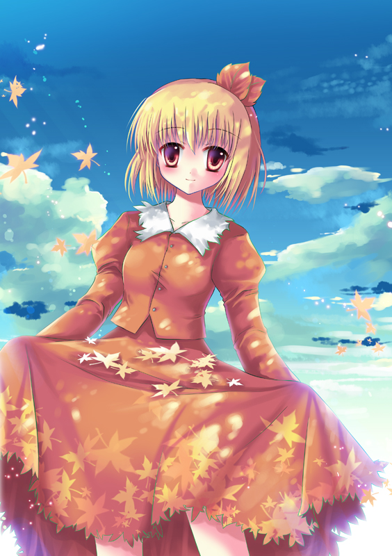 sousouman, aki shizuha, touhou, bad id, bad pixiv id, 1girl, autumn leaves, blonde hair, blush, breasts, buttons, clothes lift, cloud, cloudy sky, collar, collarbone, collared shirt, cowboy shot, day, female focus, hair ornament, juliet sleeves, leaf, leaf hair ornament, leaf print, long sleeves, looking at viewer, maple leaf, orange eyes, orange shirt, orange skirt, puffy sleeves, red eyes, shirt, short hair, skirt, skirt basket, skirt hold, skirt lift, sky, solo, white collar