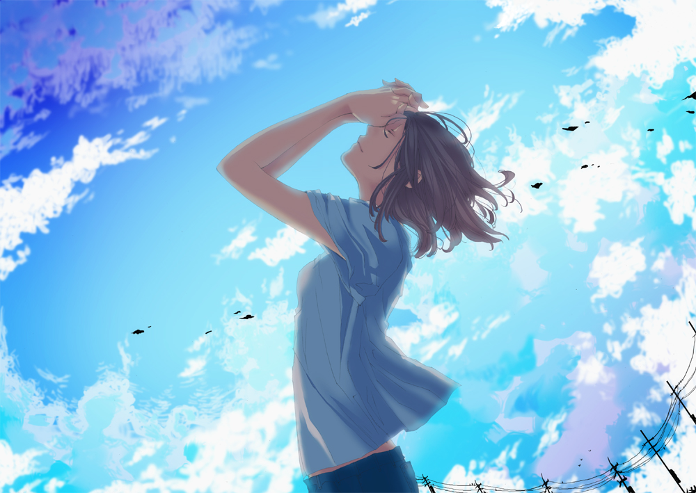 kuduq, original, bad id, bad pixiv id, 1girl, brown hair, closed eyes, day, female focus, outdoors, short hair, sky, solo, wind