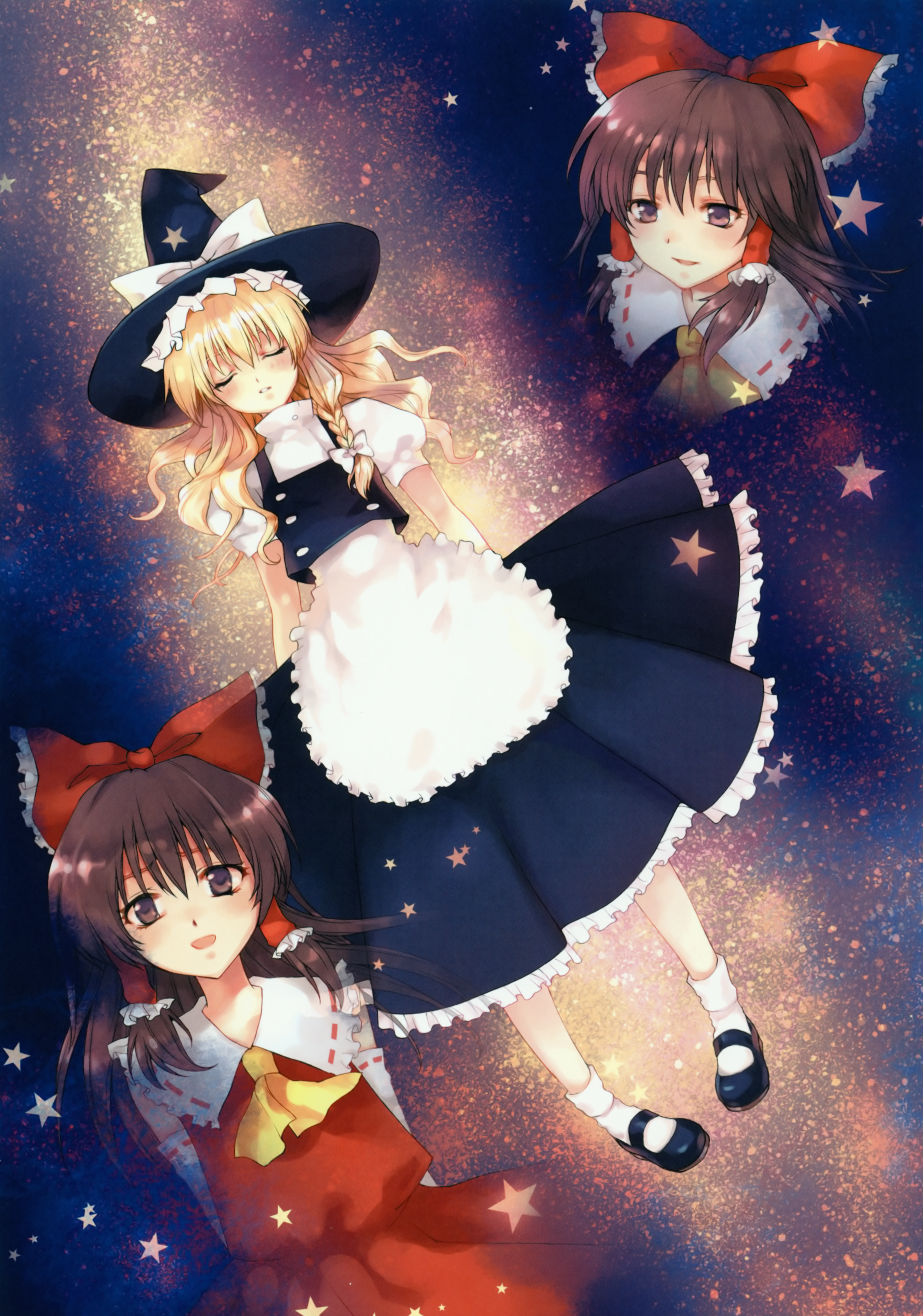 tenshimuma, tian shi meng mo, hakurei reimu, kirisame marisa, touhou, absurdres, highres, huge filesize, scan, 2girls, blonde hair, bow, braid, brown eyes, brown hair, closed eyes, detached sleeves, female focus, hair bow, hat, japanese clothes, mary janes, miko, multiple girls, multiple views, shoes, short hair, skirt, witch, witch hat
