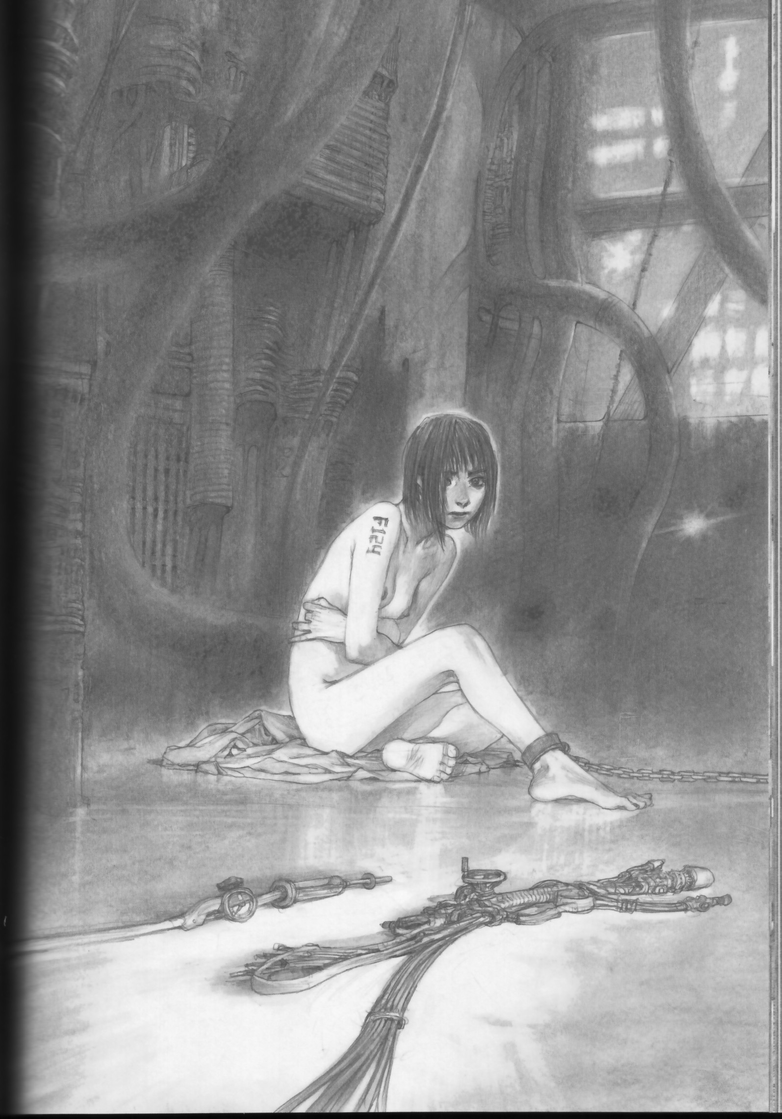 hiroaki samura, highres, scan, 1girl, barefoot, breasts, chain, cuffs, enema, female focus, indoors, monochrome, nipples, nude, pencil, realistic, sex toy, shackles, short hair, solo, tattoo, toes, vibrator, window