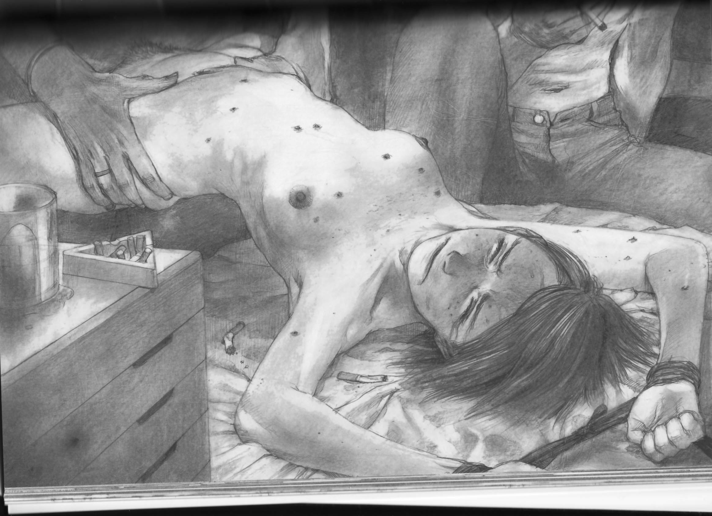 hiroaki samura, highres, ashtray, bound, bound arms, breasts, cigarette, closed eyes, guro, jewelry, monochrome, nipples, nude, pubic hair, rape, realistic, ring, rope, sex, sweat, tears