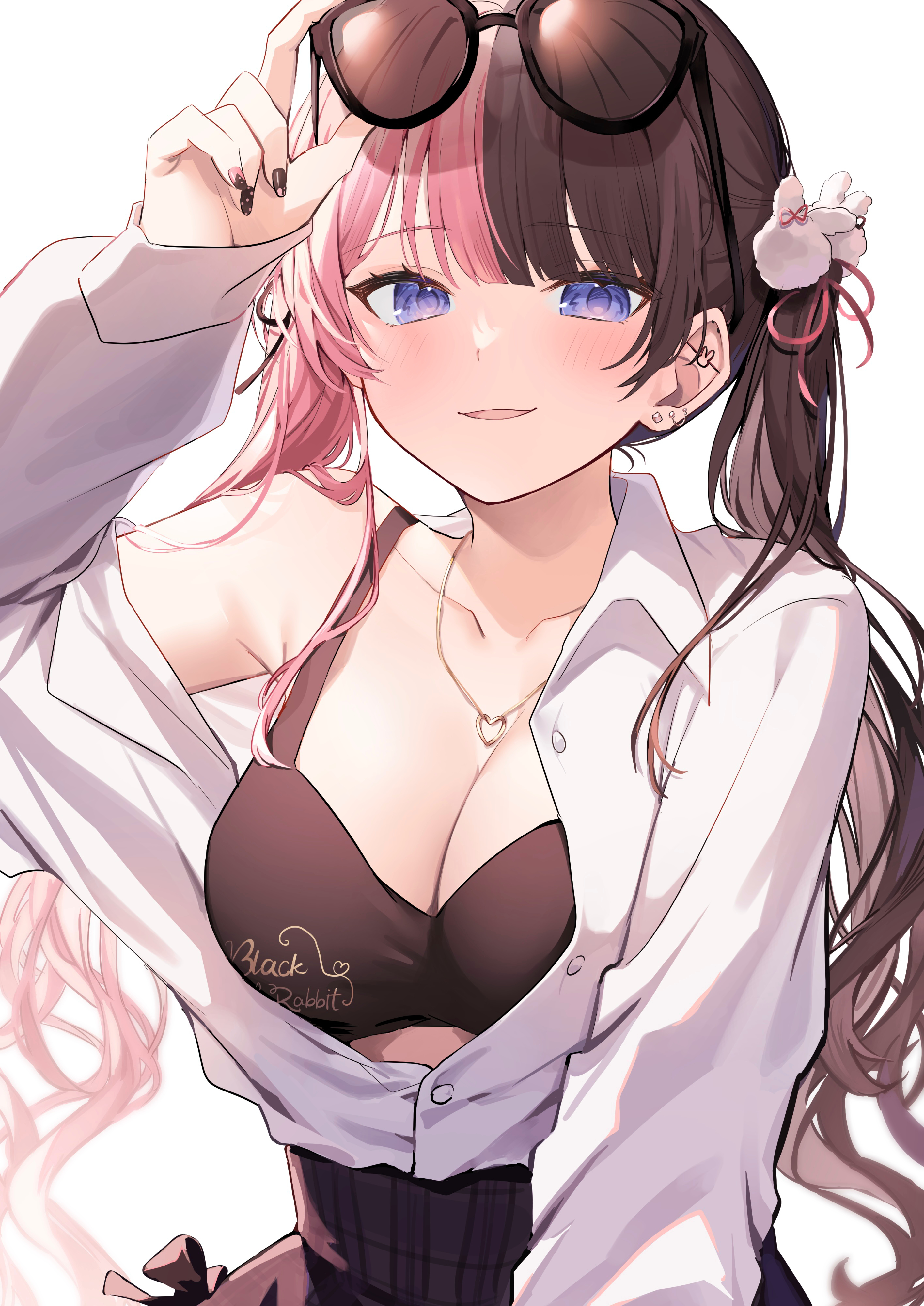 yuzutouhu ika, tachibana hinano, iris black games, vspo!, absurdres, commentary, highres, symbol-only commentary, 1girl, adjusting eyewear, animal print, armpit crease, black-framed eyewear, black bow, black bra, black hair, black skirt, blue eyes, blush, bow, bra, breasts, cleavage, clothes writing, collarbone, collared shirt, curly hair, ear piercing, earrings, english text, eyewear lift, eyewear on head, fake nails, gold necklace, heart, heart necklace, heart pendant, high-waist skirt, jewelry, long sleeves, looking at viewer, medium breasts, multicolored hair, nail art, nail polish, necklace, nontraditional playboy bunny, off shoulder, open clothes, open shirt, parted lips, piercing, pink hair, plaid clothes, plaid skirt, rabbit print, shirt, simple background, single bare shoulder, skirt, sleeves past wrists, smile, solo, split-color hair, sunglasses, twintails, two-tone hair, underwear, virtual youtuber, white background, white shirt