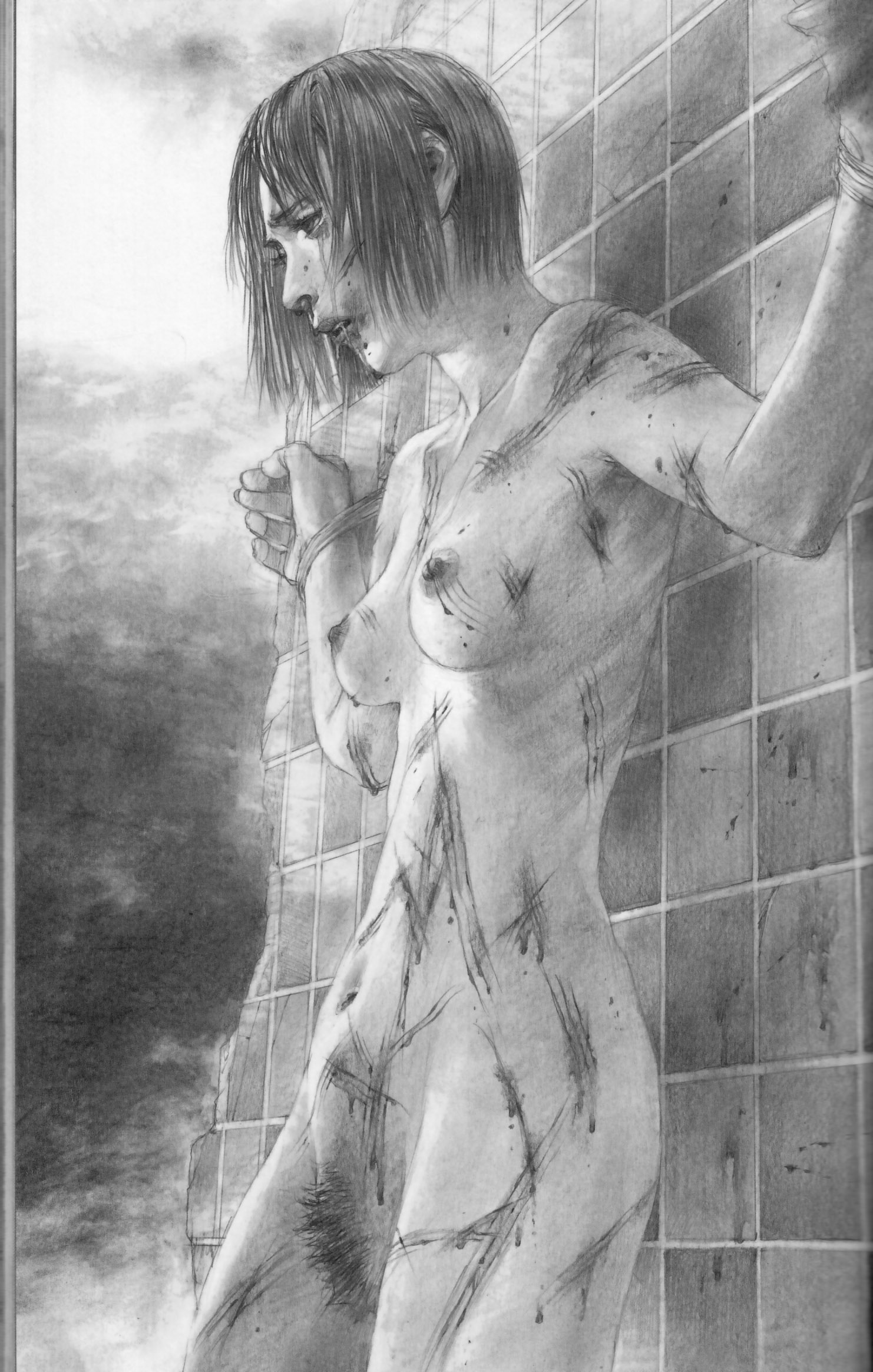 hiroaki samura, wall, highres, scan, blood, breasts, cuts, female focus, guro, injury, leaning, monochrome, navel, nipples, nude, open mouth, pain, pencil, pubic hair, realistic, saliva, short hair, solo, tears, tiles, torture