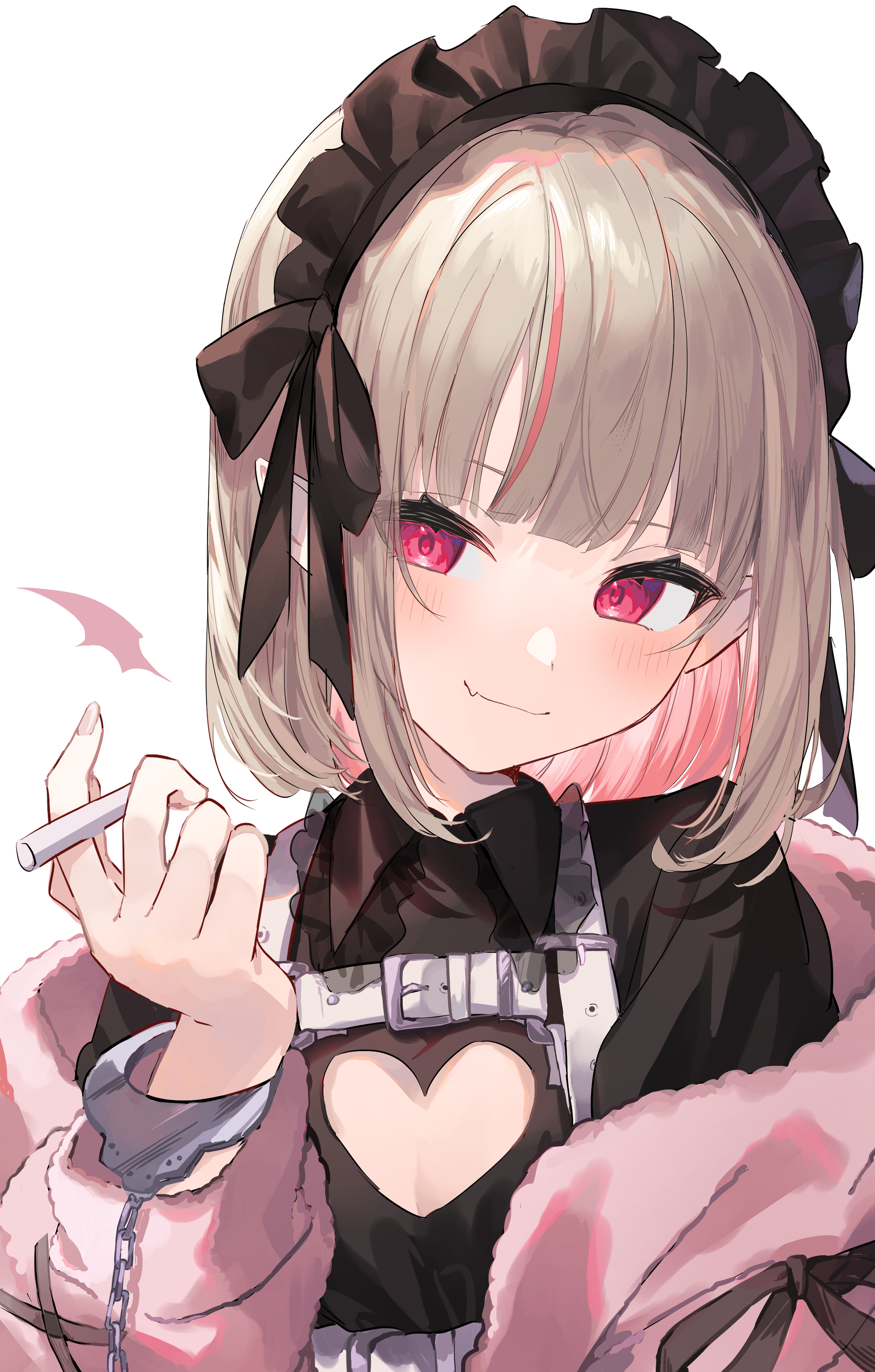 yuzutouhu ika, makaino ririmu, makaino ririmu (5th costume), nijisanji, absurdres, hashtag-only commentary, highres, 1girl, belt, black hairband, black headdress, black ribbon, black shirt, blush, candy, cigarette candy, cleavage cutout, clothing cutout, collared shirt, colored inner hair, cuffs, fang, food, frilled hairband, frills, grey hair, hairband, handcuffs, heart cutout, holding, holding candy, holding food, jacket, jirai kei, lolita hairband, looking at viewer, maid headdress, multicolored hair, official alternate costume, open clothes, open jacket, pink hair, pink jacket, pink streaks, pointy ears, red eyes, ribbon, shirt, short hair, simple background, skin fang, smile, solo, streaked hair, two-tone hair, upper body, virtual youtuber, white background