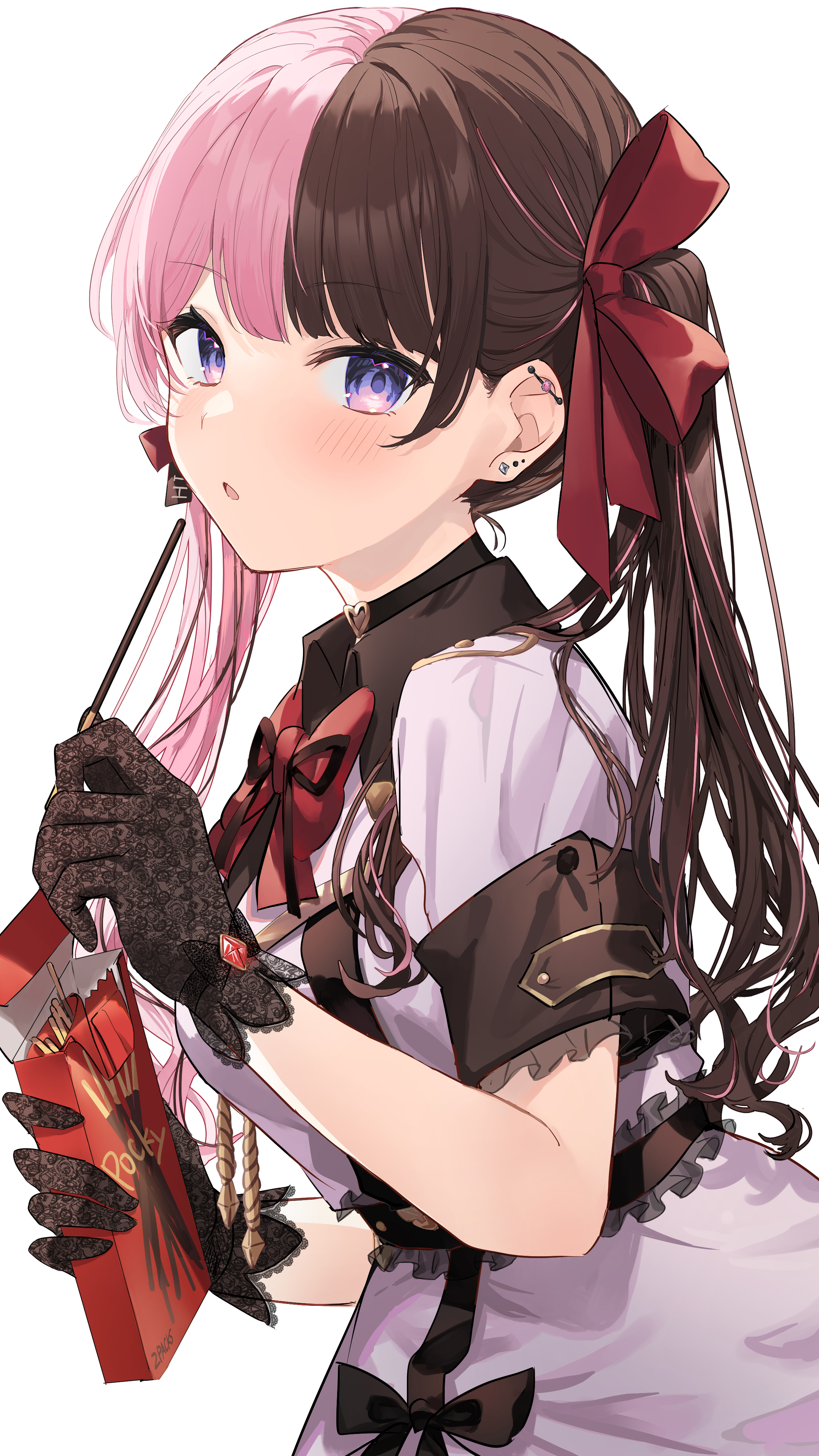 yuzutouhu ika, tachibana hinano, tachibana hinano (2nd costume), vspo!, absurdres, highres, 1girl, :o, black gloves, black hair, blush, bow, bowtie, box, collared dress, dress, ear piercing, earrings, food, from side, gloves, hair ribbon, holding, holding box, jewelry, lace, lace gloves, long hair, looking at viewer, multicolored hair, official alternate costume, parted lips, piercing, pink hair, pocky, purple eyes, red bow, red bowtie, ribbon, short sleeves, sideways glance, simple background, sleeve cuffs, solo, split-color hair, twintails, two-tone hair, upper body, virtual youtuber, white background, white dress