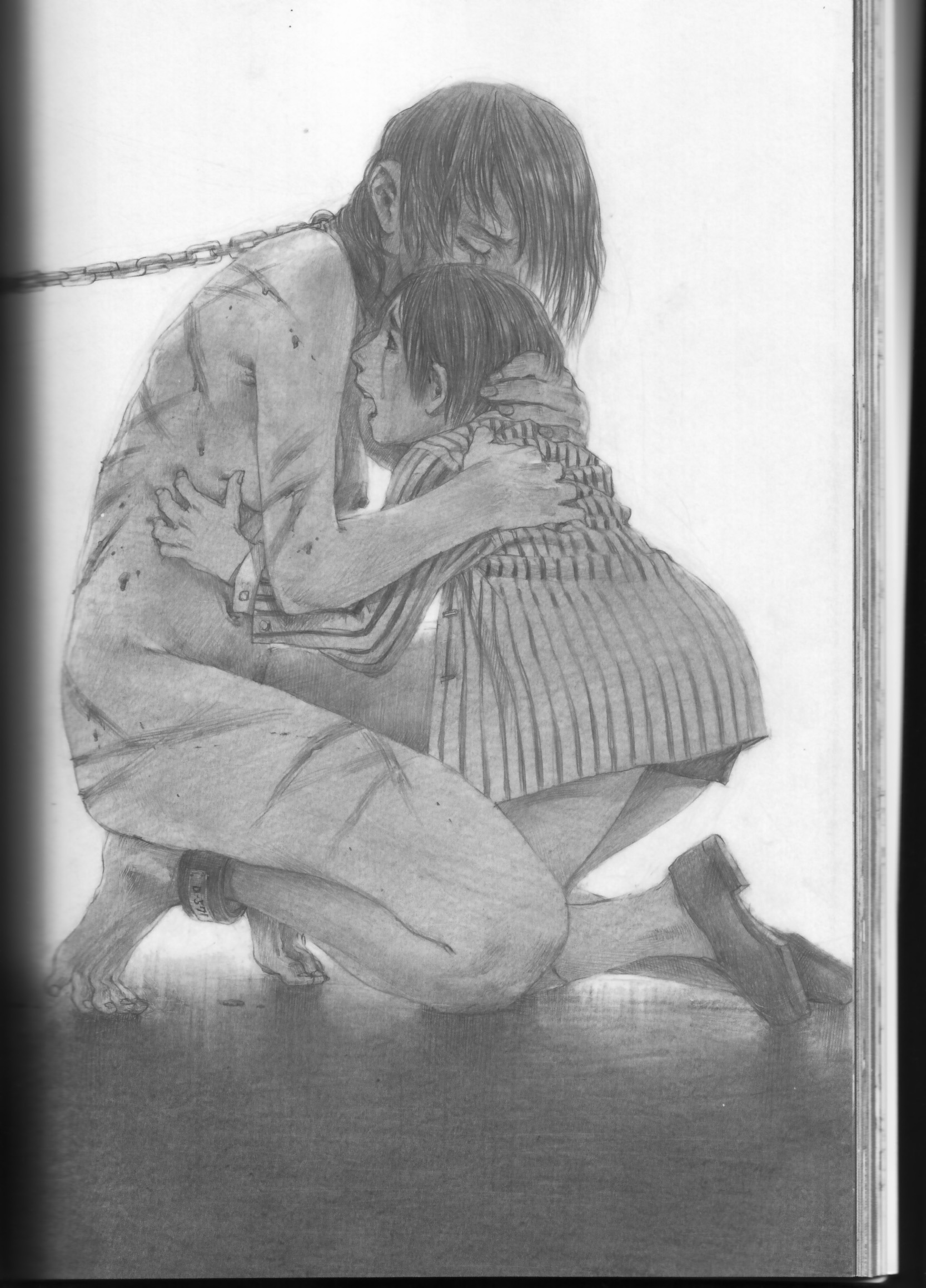 hiroaki samura, highres, scan, barefoot, blood, breasts, chain, collar, hug, monochrome, nipples, nude, pencil, short hair, tears, toes, whip marks