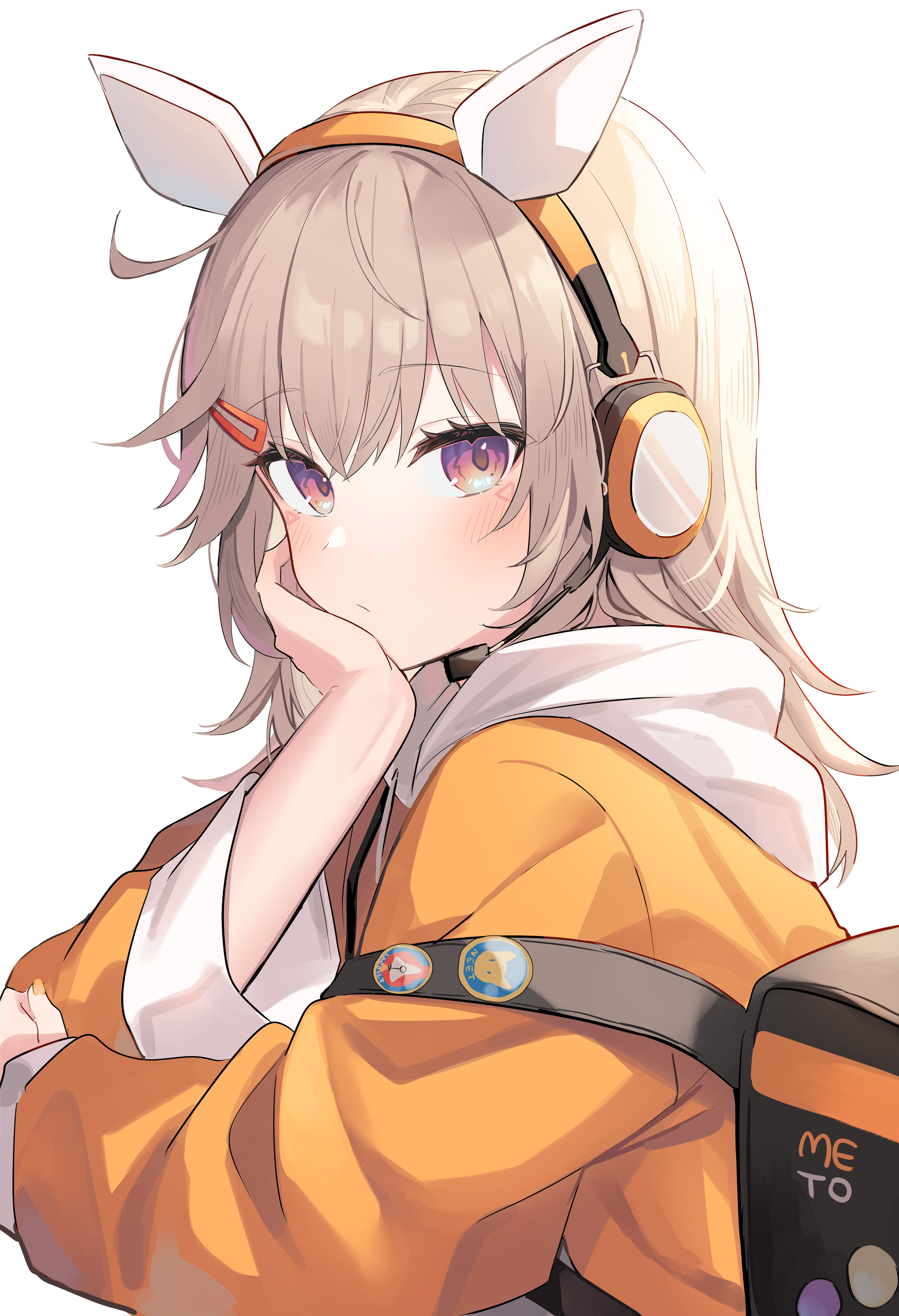 yuzutouhu ika, komori met, vspo!, absurdres, hashtag-only commentary, highres, 1girl, animal ear headphones, animal ears, backpack, bag, blush, facial mark, fake animal ears, grey hair, hair ornament, hairclip, hand on own cheek, hand on own face, head rest, headphones, hood, hooded jacket, jacket, long hair, long sleeves, looking at viewer, orange jacket, purple eyes, simple background, solo, triangle, triangle facial mark, virtual youtuber, white background, white hood