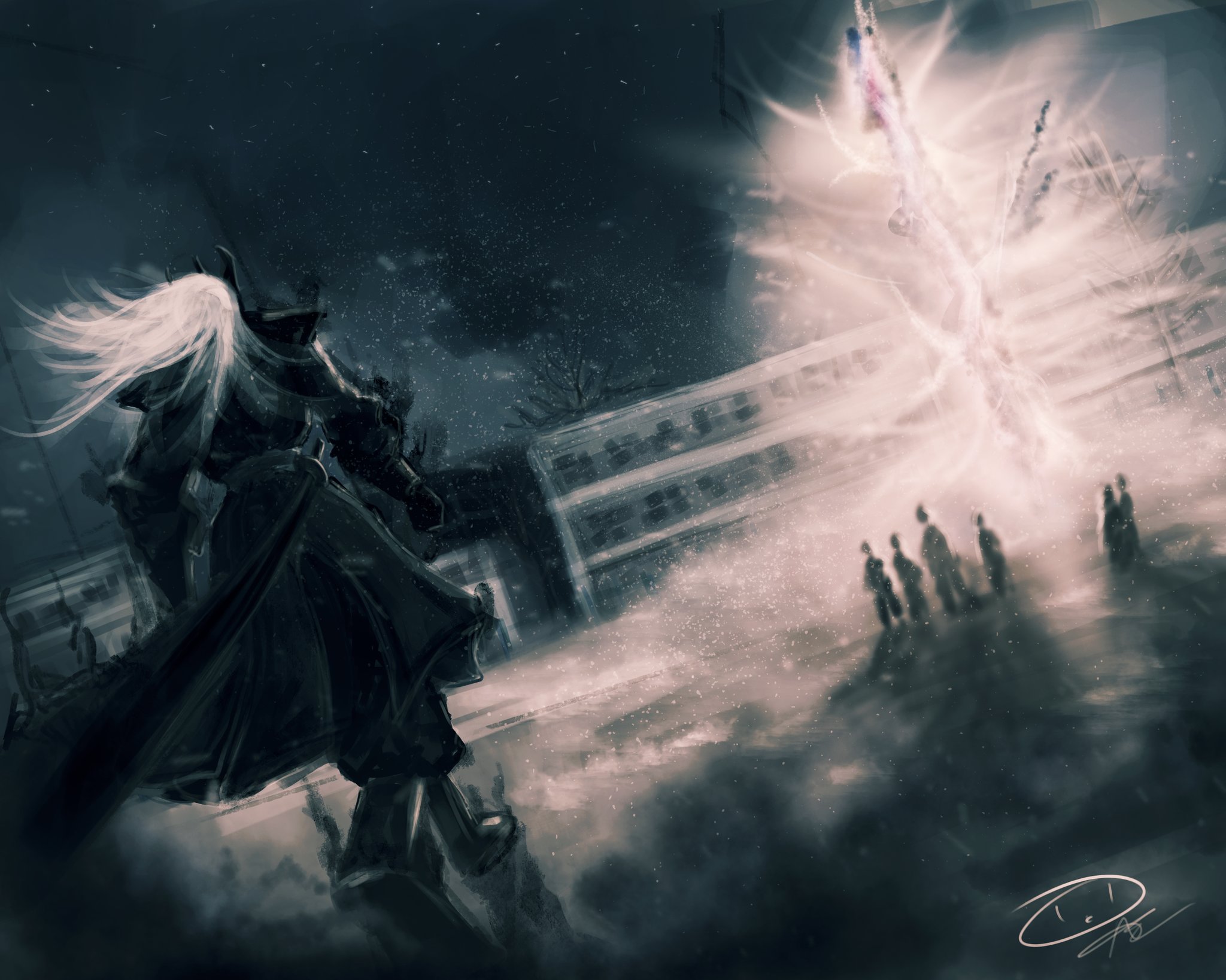 sunny (shadow slave), shadow slave, highres, 6+others, armor, artskiddy69, bare tree, black robe, building, dark, dutch angle, from behind, full body, gauntlets, glowing, horns, long hair, magic, mask, multiple others, night, official alternate costume, people, robe, shoulder armor, silhouette, snow, tree, walking, white hair