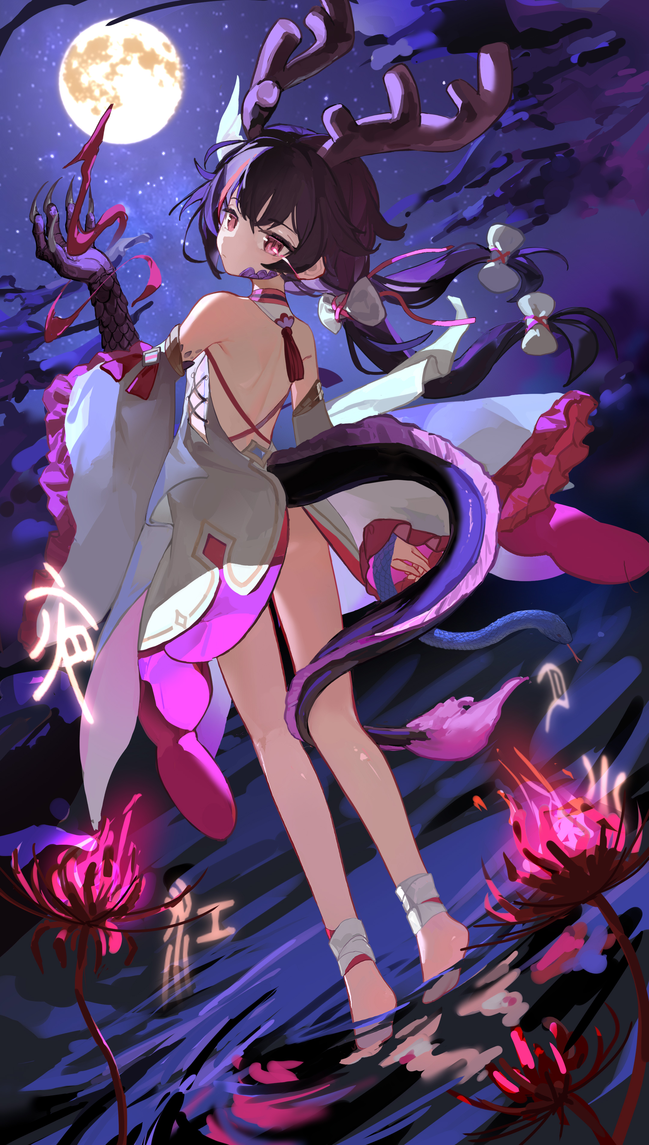 kele mimi, original, absurdres, chinese commentary, commentary request, highres, variant set, 1girl, barefoot, closed mouth, detached sleeves, dragon girl, dragon horns, dragon tail, dress, full body, full moon, horns, long hair, moon, night, pink eyes, purple hair, scales, shallow water, sky, slit pupils, solo, star (sky), starry sky, tail, twintails, water, white dress