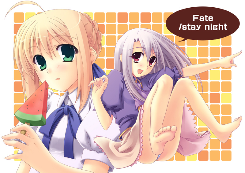 kusata murasaki, artoria pendragon (fate), illyasviel von einzbern, saber (fate), fate/stay night, fate (series), silver hair, 00s, 2girls, barefoot, blonde hair, blouse, feet, food, fruit, hair ribbon, multiple girls, popsicle, ribbon, shirt, watermelon, watermelon bar
