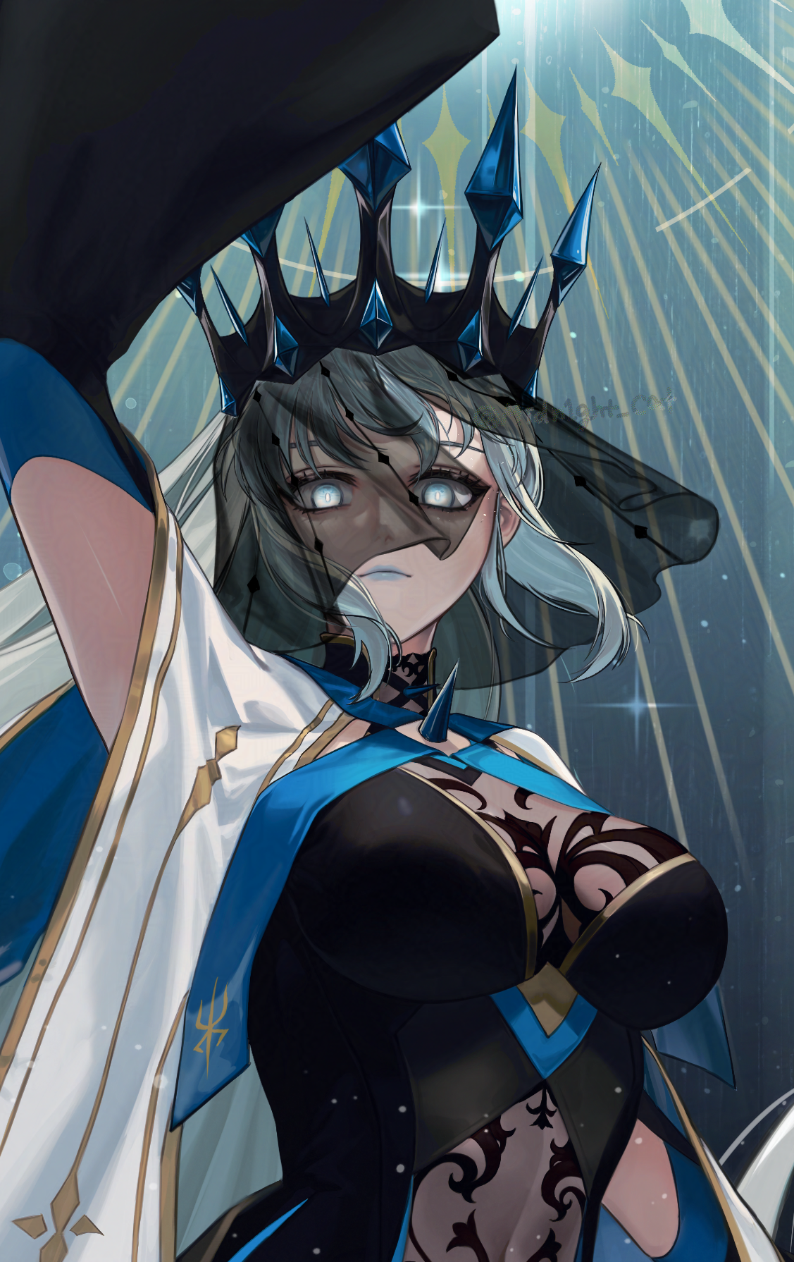 morgan le fay (fate), morgan le fay (queen of winter) (fate), fate/grand order, fate (series), cropped, highres, 1girl, absurdly long hair, artist name, black dress, black veil, blue gemstone, blue lips, breasts, chest spike, clothing cutout, cowboy shot, crown, dress, expressionless, floating hair, gem, glowing, glowing eyes, gold border, halterneck, large breasts, long dress, long hair, looking at viewer, myoha moon, outside border, see-through clothes, sleeveless, sleeveless dress, solo, stomach cutout, studded, veil, very long hair, white hair, wide sleeves
