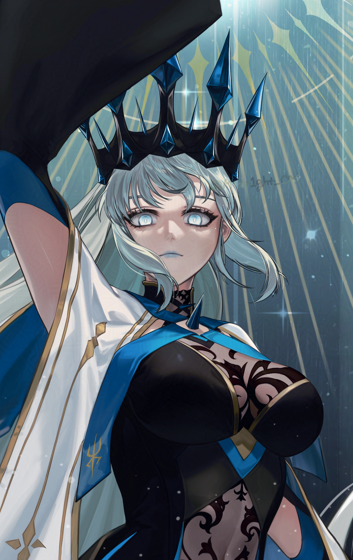 morgan le fay (fate), morgan le fay (queen of winter) (fate), fate/grand order, fate (series), highres, 1girl, absurdly long hair, artist name, black dress, blue gemstone, blue lips, breasts, chest spike, clothing cutout, cowboy shot, crown, dress, expressionless, floating hair, gem, glowing, glowing eyes, gold border, halterneck, large breasts, long dress, long hair, looking at viewer, myoha moon, outside border, see-through clothes, sleeveless, sleeveless dress, solo, stomach cutout, studded, very long hair, white hair, wide sleeves