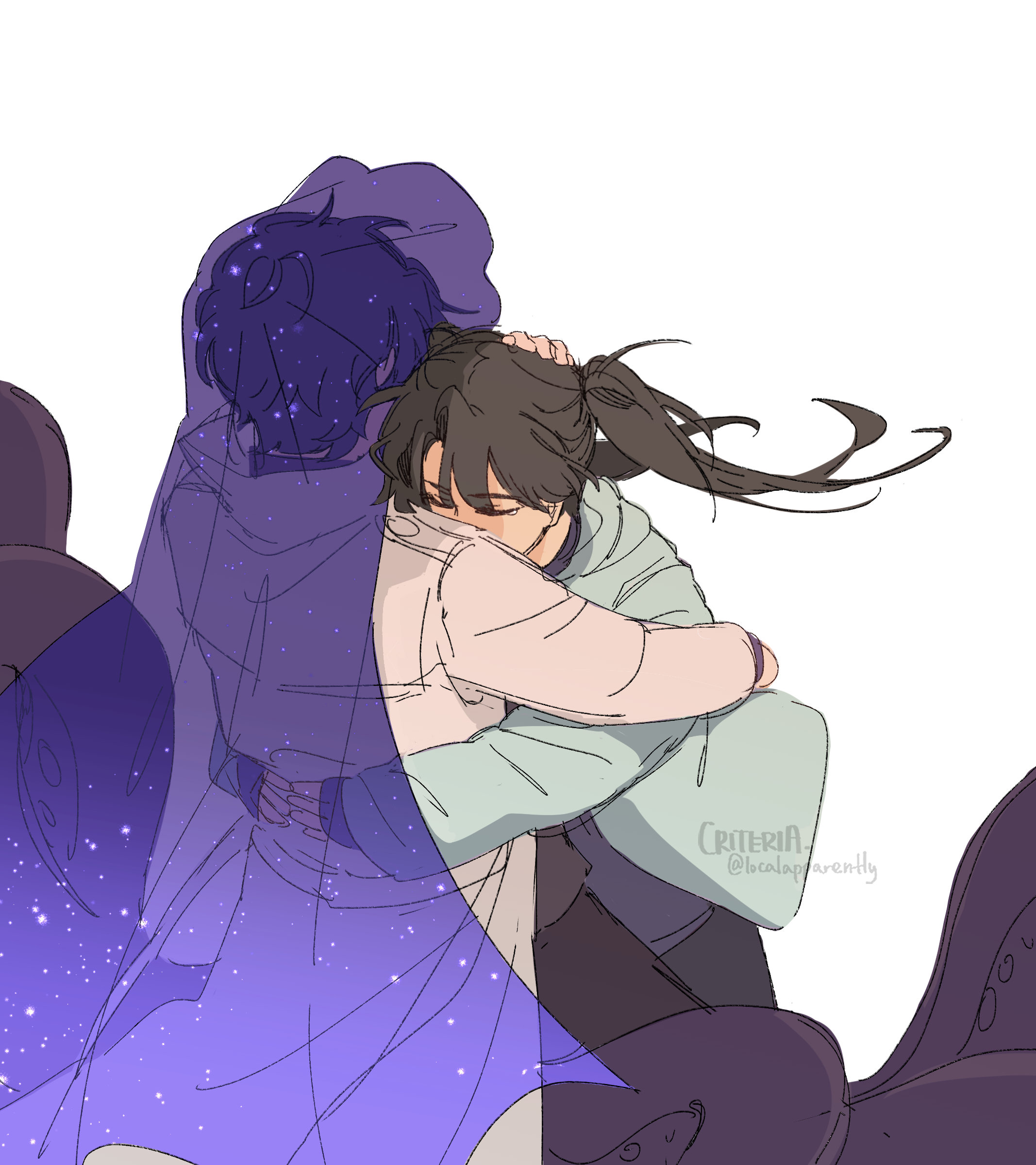 criteria, secretive plotter, yoo joonghyuk, yoo mia, omniscient reader's viewpoint, absurdres, highres, 1boy, 1girl, arm around back, black hair, black shirt, cloak, closed eyes, coat, feet out of frame, from above, green jacket, hand on another's head, hood, hood down, hood up, hooded cloak, hug, jacket, open clothes, open coat, see-through clothes, shirt, short hair, short twintails, starry sky print, tentacles, twintails, white coat