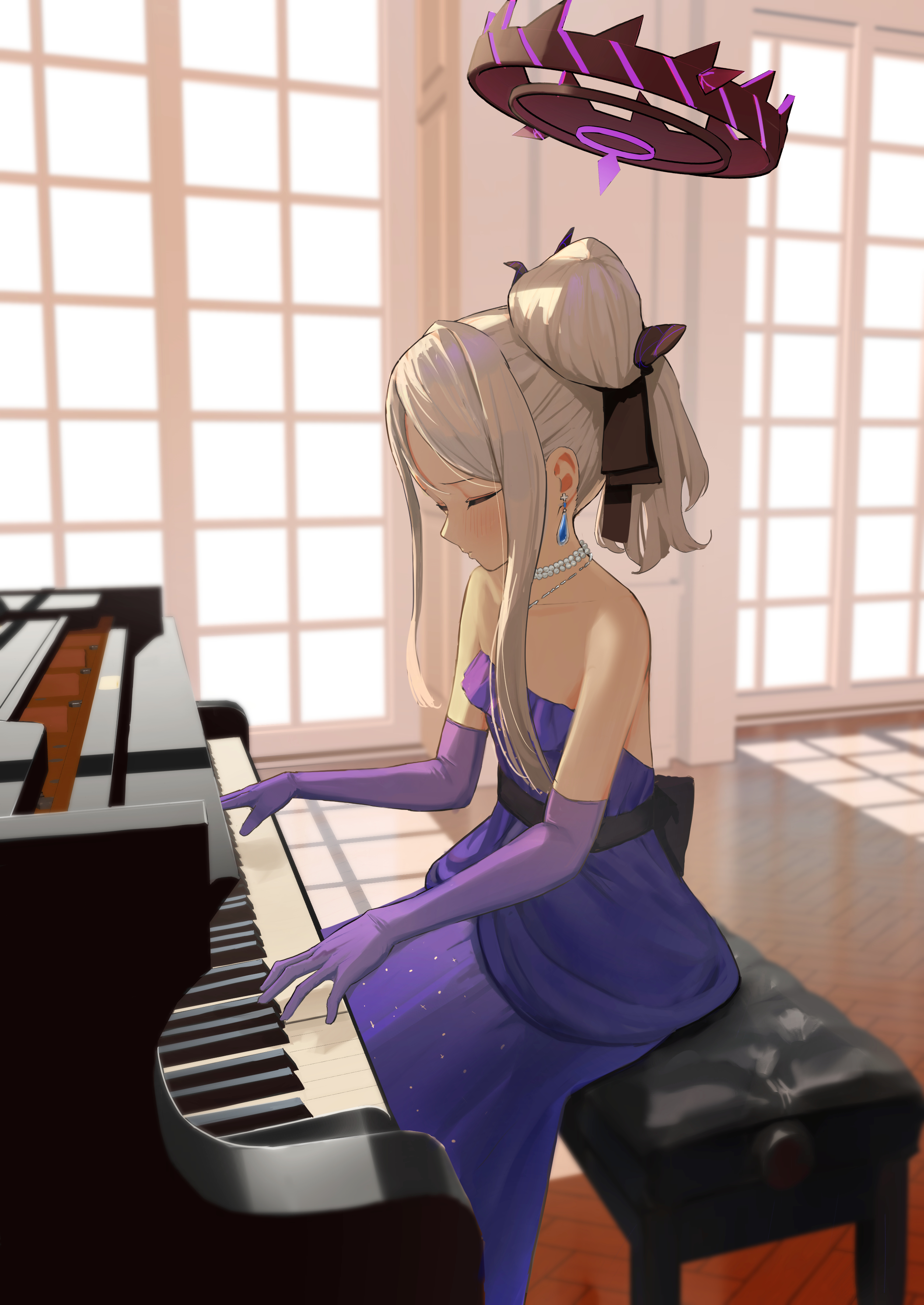 katachi, hina (blue archive), hina (dress) (blue archive), blue archive, absurdres, commentary, highres, 1girl, bare shoulders, bead choker, beads, black halo, black ribbon, blush, closed eyes, closed mouth, dress, earrings, elbow gloves, from side, gloves, hair bun, hair ribbon, halo, instrument, jewelry, long hair, music, official alternate costume, official alternate hairstyle, piano, playing instrument, ponytail, purple dress, purple gloves, ribbon, sidelocks, sitting, sleeveless, sleeveless dress, solo, strapless, strapless dress, white hair