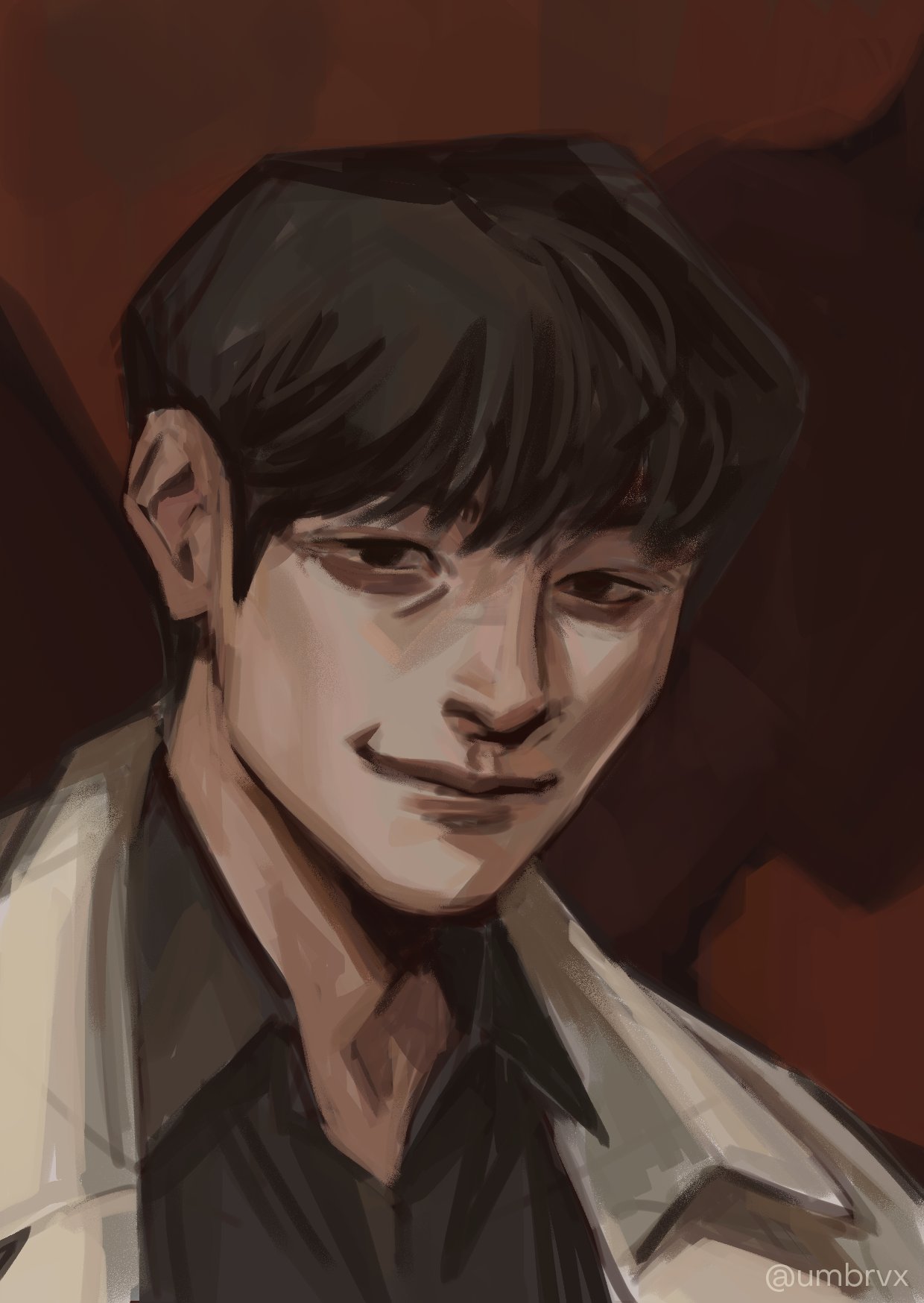 kim dokja, disco elysium, omniscient reader's viewpoint, highres, 1boy, aegyo sal, black eyes, black hair, black shirt, coat, collared shirt, looking at viewer, male focus, open clothes, open coat, parody, popped collar, portrait, shirt, short hair, smile, solo, style parody, umbrvx, white coat