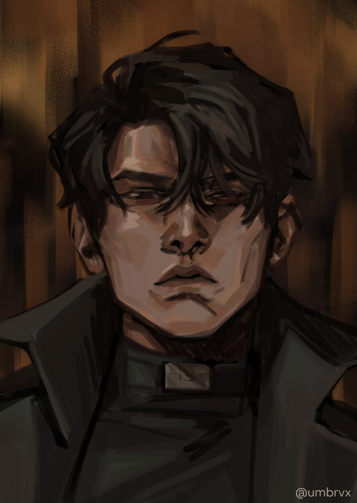yoo joonghyuk, disco elysium, omniscient reader's viewpoint, highres, black coat, black eyes, black hair, black shirt, coat, curtained hair, furrowed brow, hair between eyes, looking at viewer, male focus, narrowed eyes, open clothes, open coat, parody, popped collar, portrait, serious, shirt, short hair, solo, straight-on, style parody, umbrvx