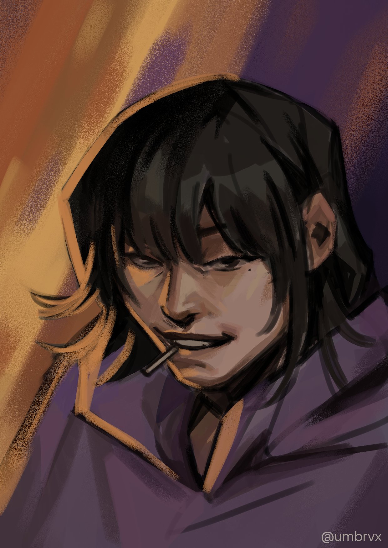 han sooyoung, disco elysium, omniscient reader's viewpoint, highres, 1girl, black eyes, black hair, hood, hood down, hoodie, lollipop in mouth, looking at viewer, mole, mole under eye, parody, portrait, purple hoodie, short hair, sidelighting, solo, style parody, umbrvx