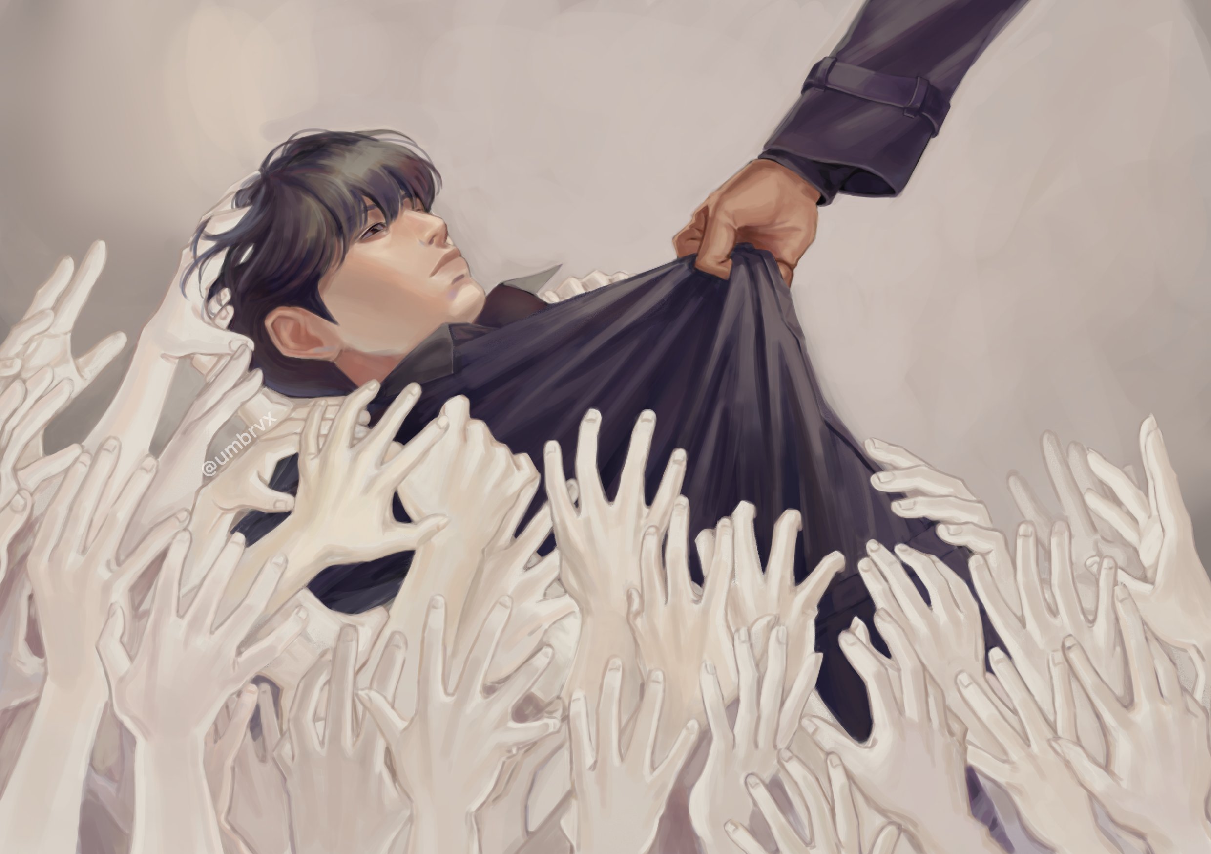 kim dokja, yoo joonghyuk, omniscient reader's viewpoint, highres, 1boy, 1other, black eyes, black hair, black shirt, clothes grab, clothes pull, collared shirt, expressionless, out of frame, people, reaching, reaching towards another, shirt, shirt pull, short hair, too many hands, umbrvx