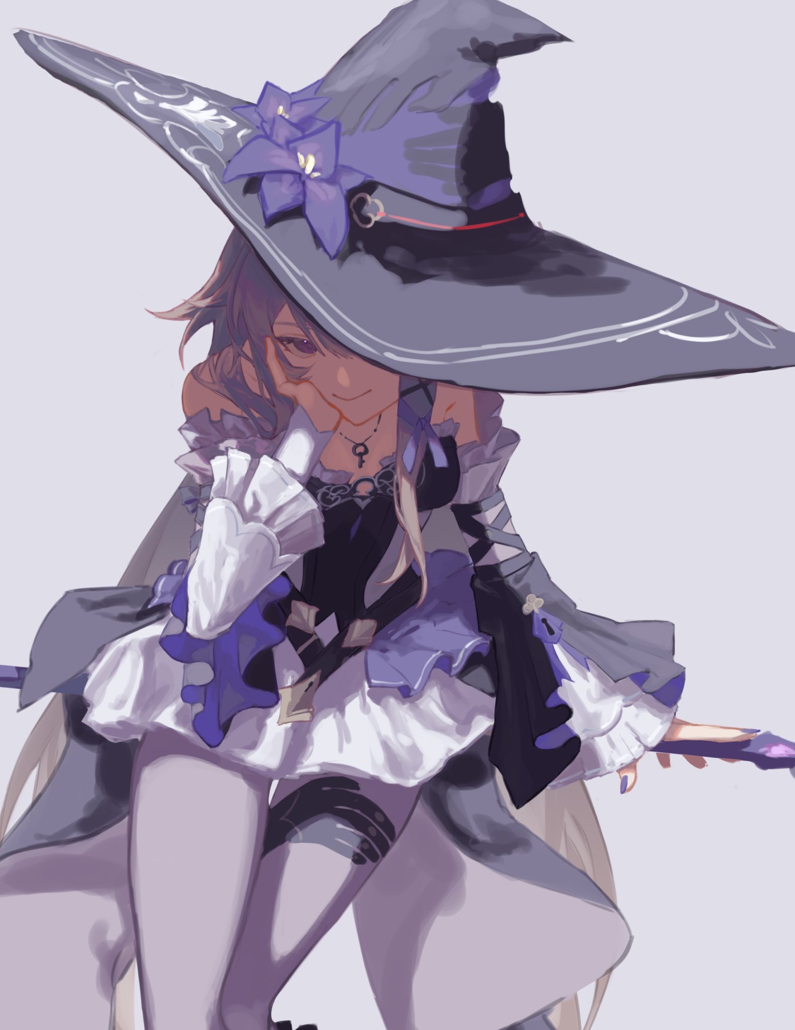 herta (honkai: star rail), the herta (honkai: star rail), honkai: star rail, honkai (series), highres, 1girl, akaguchi 35, ascot, black dress, black hat, black sleeves, breasts, broom, broom riding, brown hair, closed mouth, crossed legs, detached sleeves, dress, feet out of frame, fingernails, flower, frills, hair between eyes, hair ornament, hair ribbon, hand on own face, hand up, hat, hat flower, hat ornament, jewelry, key, key necklace, keyhole, long fingernails, long hair, long sleeves, looking at viewer, nail polish, necklace, one eye covered, pantyhose, purple eyes, purple flower, purple nails, purple pantyhose, purple ribbon, ribbon, sidelocks, simple background, sitting, sleeveless, sleeveless dress, small breasts, smile, solo, strapless, strapless dress, thigh strap, very long hair, white ascot, white background, wide sleeves, witch hat, x hair ornament