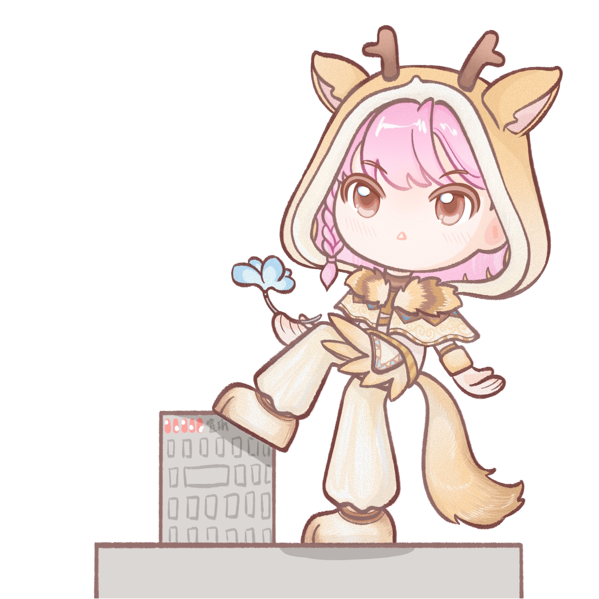 nikki (nikki), infinity nikki, nikki (series), chinese commentary, commentary request, highres, textless version, variant set, 1girl, :3, animal costume, animal ear hood, animal ears, antlers, blue flower, braid, brown cloak, brown eyes, brown shoes, building, chibi, chunpiao, cloak, closed mouth, fake animal ears, flower, fur-trimmed cloak, fur trim, giant, giantess, holding, holding flower, hood, hood up, hooded cloak, horns, light blush, looking ahead, pants, paw shoes, pink hair, puffy pants, shadow, shirt, shoes, short hair, side braid, single braid, skyscraper, smile, solo, stepping on object, tareme, turtleneck, turtleneck shirt, white pants, white shirt, wolf costume, wolf ears, wristband