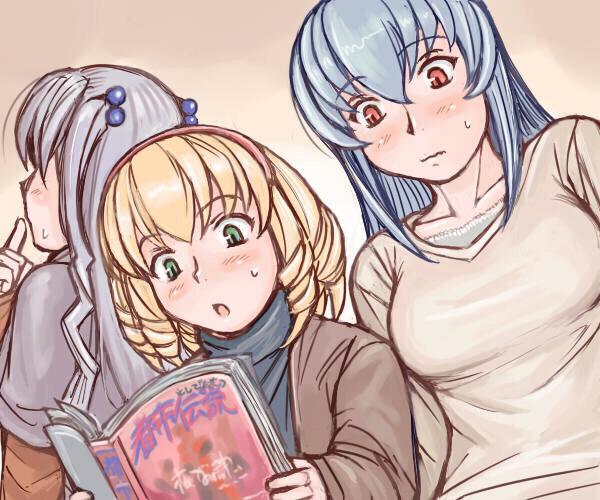 tsuda nanafushi, barasuishou, hinaichigo, suigintou, rozen maiden, silver hair, 00s, 3girls, aged up, blonde hair, blush, book, casual, green eyes, hairband, multiple girls, red eyes