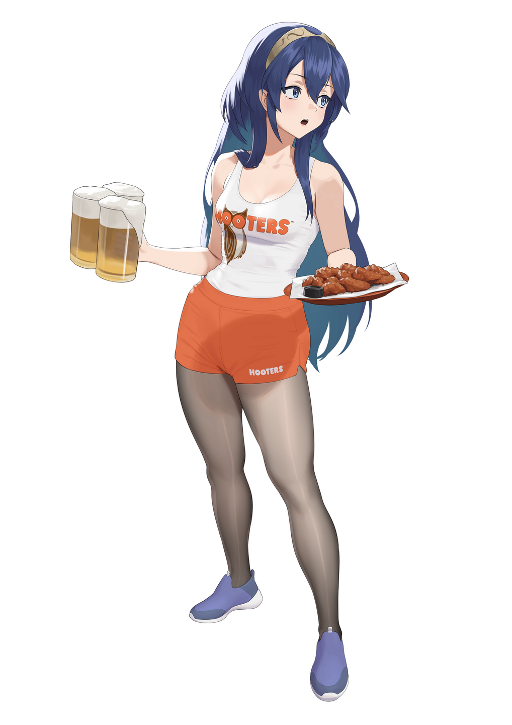 carlo montie, lucina (fire emblem), fire emblem, fire emblem awakening, hooters, nintendo, commission, highres, 1girl, alcohol, bare shoulders, beer, beer mug, blue eyes, blue hair, blue shoes, breasts, brown pantyhose, chicken (food), chicken wing, cleavage, cup, food, full body, long hair, mug, open mouth, orange shorts, pantyhose, shoes, shorts, sidelocks, small breasts, solo, tank top, tiara, white tank top
