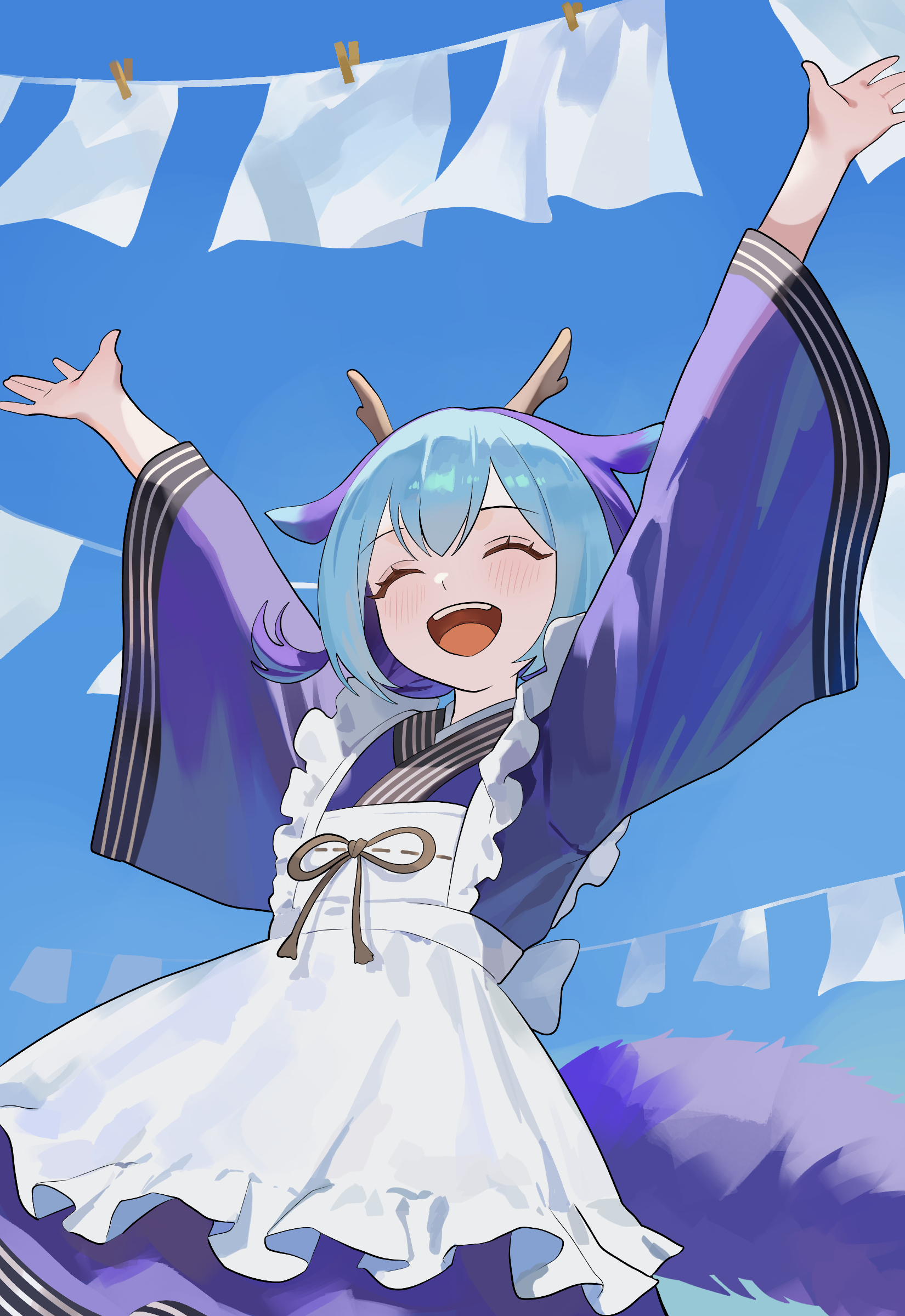 nbee ya, laundry dragonmaid, yu-gi-oh!, absurdres, highres, 1girl, :d, o/, ^ ^, apron, aqua hair, arms up, blue hair, blue kimono, blush, closed eyes, dragon girl, dragon horns, dragon tail, duel monster, eastern dragon horns, frilled apron, frills, hair between eyes, horns, japanese clothes, kimono, maid, maid apron, open mouth, outstretched arms, short twintails, smile, solo, tail, twintails, wa maid, white apron