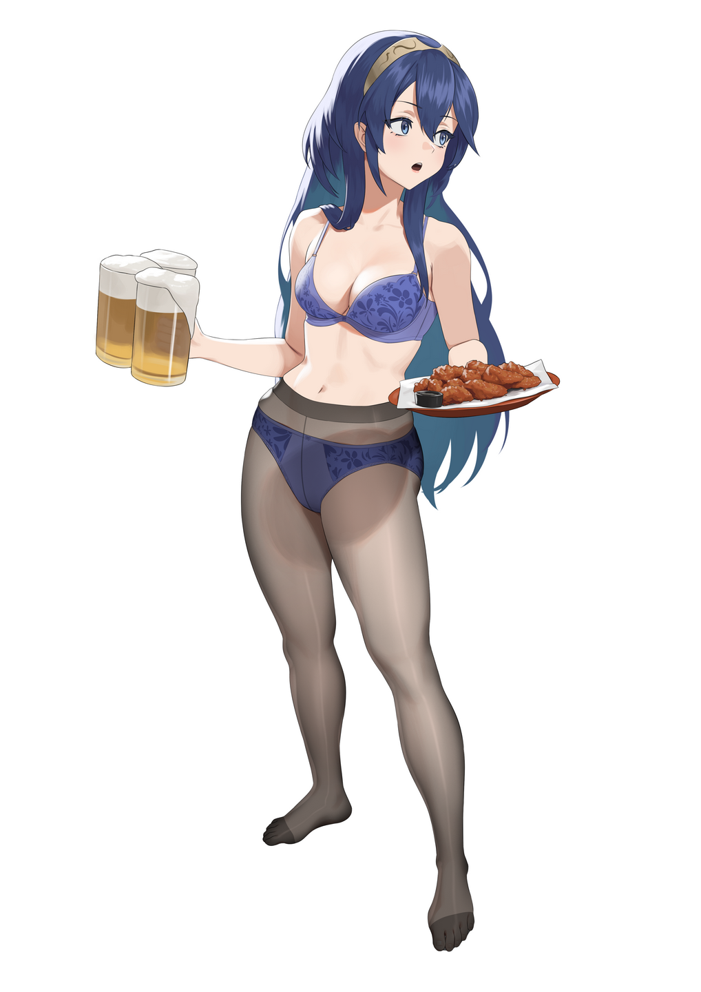 carlo montie, lucina (fire emblem), fire emblem, fire emblem awakening, nintendo, commission, highres, 1girl, alcohol, bare shoulders, beer, beer mug, blue bra, blue eyes, blue hair, blue panties, bra, breasts, brown pantyhose, chicken (food), chicken wing, cleavage, cup, food, full body, long hair, mug, navel, open mouth, panties, pantyhose, sidelocks, small breasts, solo, tiara, underwear