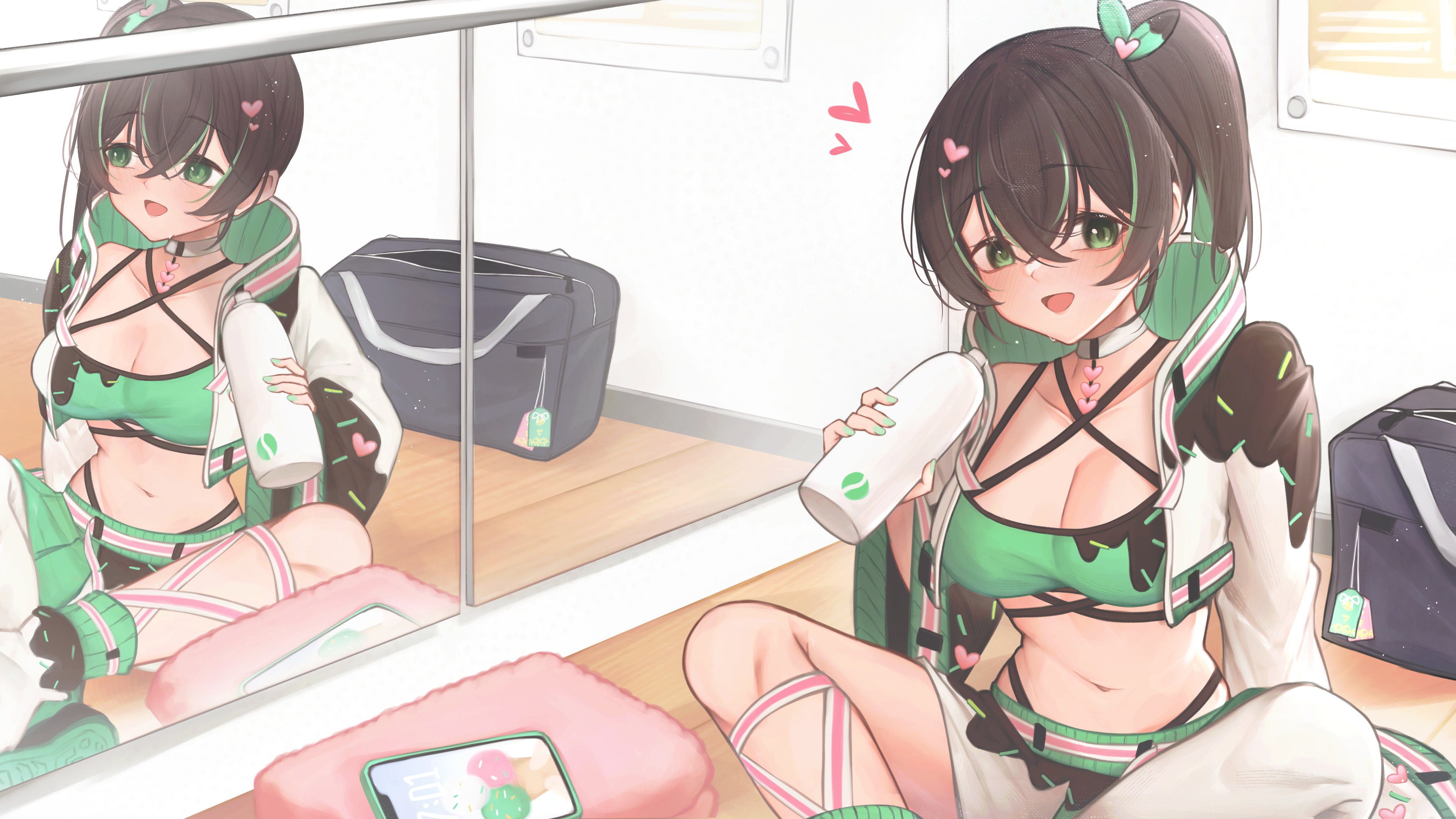parkiranhonda, absurdres, commentary, english commentary, highres, second-party source, 1girl, :d, black bag, blush, bottle, breasts, brown hair, brown jacket, cellphone, cellphone photo, choker, cropped jacket, food, green eyes, green hair, hair between eyes, hair ornament, heart, heart hair ornament, heartsync, highleg, holding, holding bottle, ice cream, jacket, large breasts, looking at viewer, miki kokoa, mirror, multicolored hair, multicolored jacket, navel, open mouth, phone, reflection, side ponytail, smartphone, smile, solo, stomach, streaked hair, tongue, two-tone hair, virtual youtuber, white choker, white jacket