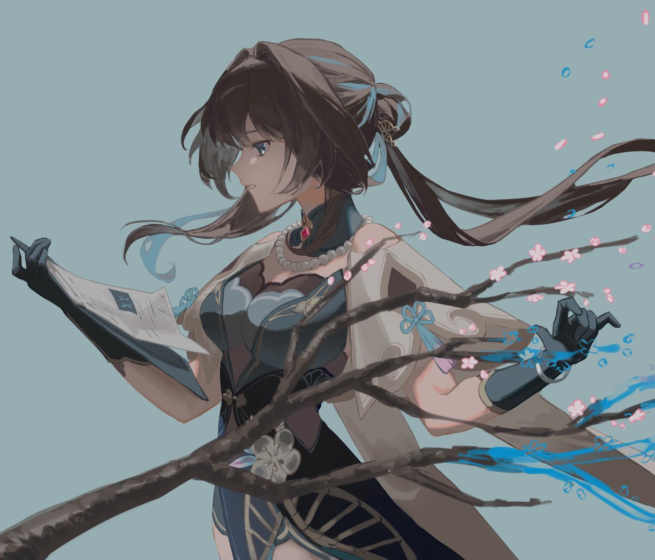 ruan mei (honkai: star rail), honkai: star rail, honkai (series), 1girl, akaguchi 35, black dress, black hair, blue background, blue dress, blue gloves, blue hair, branch, breasts, china dress, chinese clothes, clipboard, cowboy shot, detached collar, dress, elbow gloves, floating hair, flower, flower knot, flower ornament, gem, gloves, green eyes, hair between eyes, hair bun, hair ornament, hair stick, hands up, holding, holding clipboard, jewelry, long hair, looking at object, low twintails, mandarin collar, medium breasts, multicolored hair, necklace, paper, pearl necklace, pendant, petals, pink flower, red gemstone, short sleeves, simple background, solo, standing, tassel, teeth, twintails, two-tone dress, two-tone hair, white flower