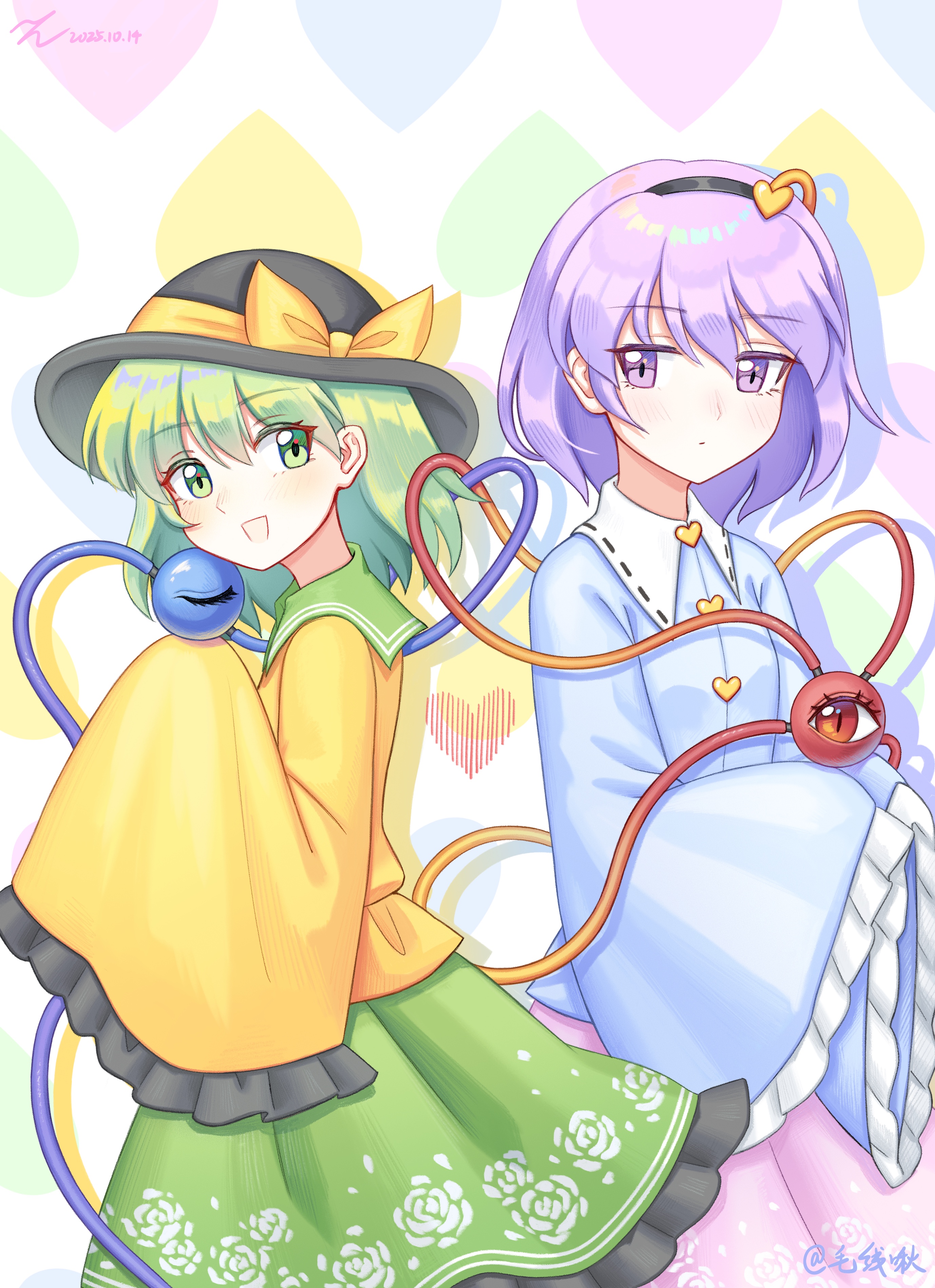 kiri (maoxianjiu), komeiji koishi, komeiji satori, touhou, absurdres, commentary request, highres, 2girls, :d, artist name, black hairband, black hat, blue shirt, bow, buttons, closed mouth, collared shirt, dated, dot mouth, floral print, floral print skirt, frilled sleeves, frills, green eyes, green hair, green skirt, hair ornament, hairband, hat, hat bow, heart, heart background, heart button, heart hair ornament, light blush, looking to the side, medium hair, multiple girls, open mouth, pink skirt, print skirt, purple eyes, purple hair, red eyes, shirt, skirt, sleeves past fingers, sleeves past wrists, smile, third eye, yellow bow, yellow shirt