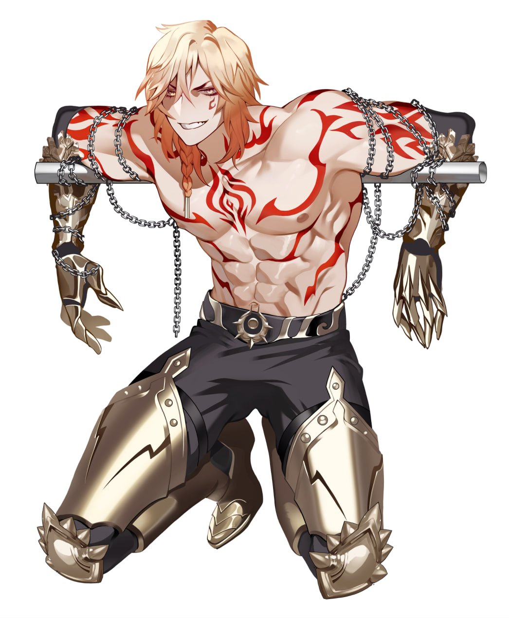 pogogu, mydei (honkai: star rail), honkai: star rail, honkai (series), highres, 1boy, abs, arm tattoo, blonde hair, braid, chain, chest tattoo, clawed gauntlets, facial tattoo, gluteal fold, gradient hair, kneeling, male focus, medium hair, multicolored hair, multiple tattoos, muscular, muscular male, neck tattoo, nipples, pectorals, red hair, red tattoo, side braid, simple background, single braid, smile, solo, tattoo, teeth, topless male, white background