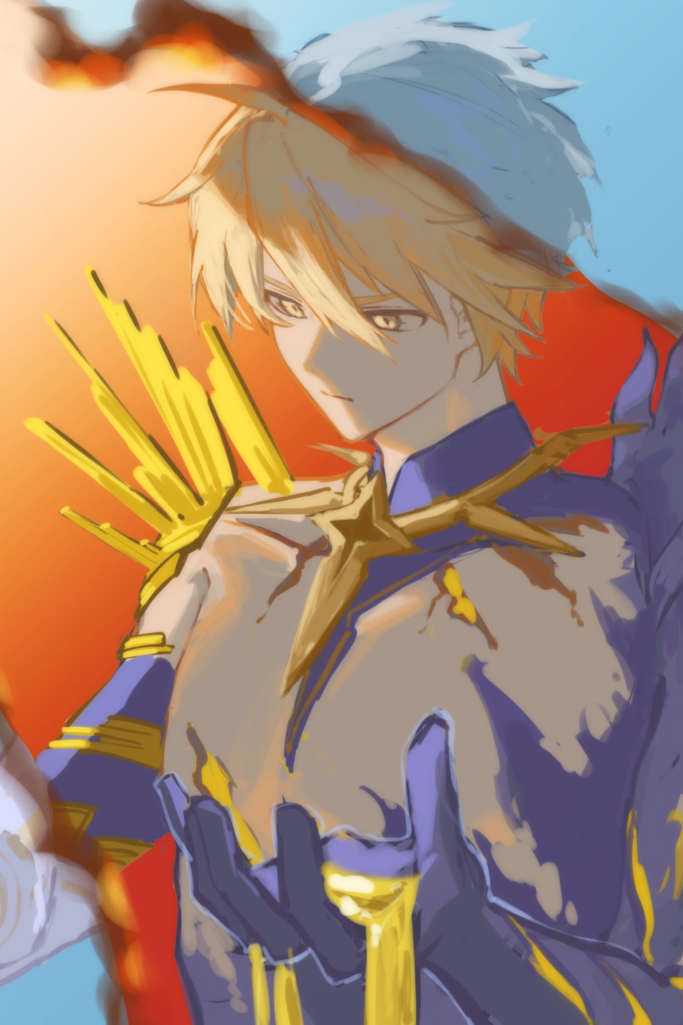 phainon (honkai: star rail), phainon (khaslana) (honkai: star rail), honkai: star rail, honkai (series), highres, 1boy, akaguchi 35, alternate form, blonde hair, blood, blood on hands, blue background, bodysuit, broken skin, closed mouth, collarbone, gauntlets, grey hair, hair between eyes, hands up, looking down, male focus, official alternate costume, official alternate eye color, official alternate hair color, purple bodysuit, red background, short hair, shoulder spikes, single gauntlet, solo, spikes, two-tone background, upper body, v-shaped eyebrows, yellow blood, yellow eyes