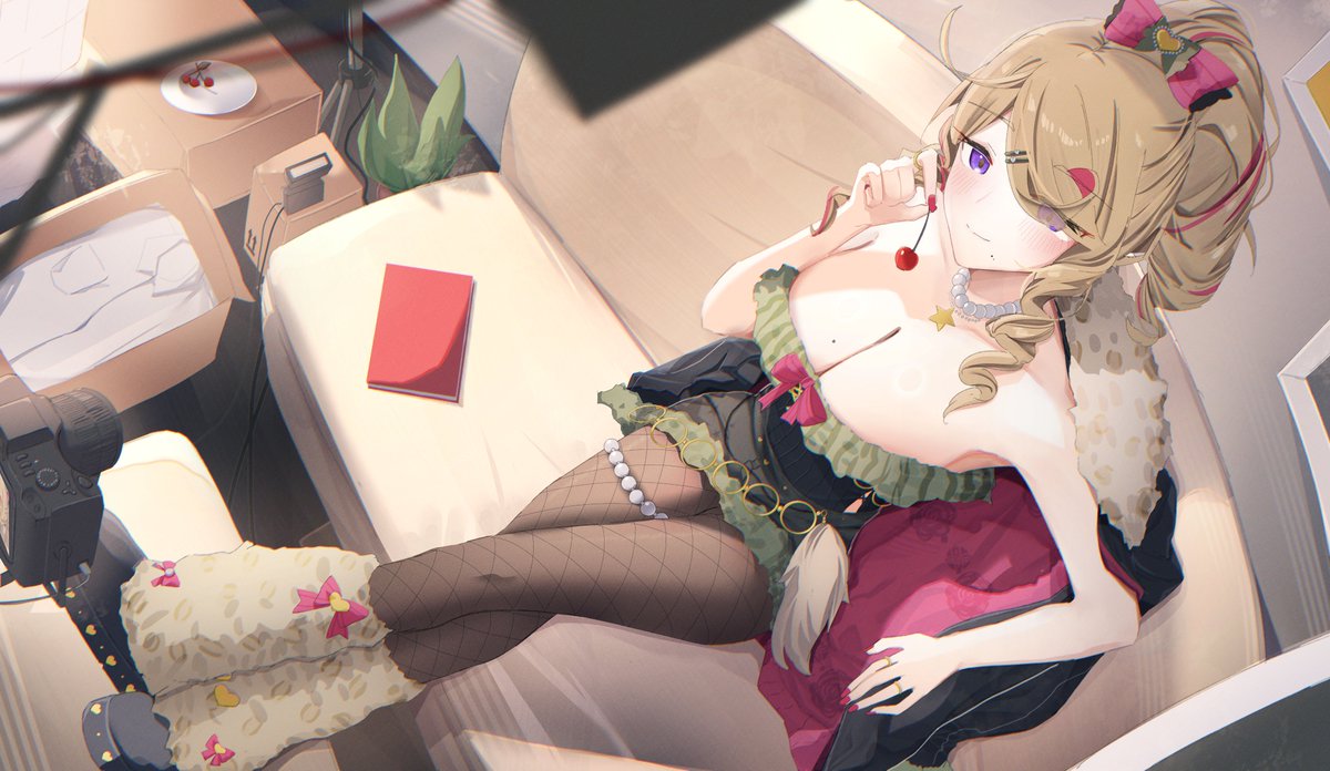 leonardo 566, commentary, english commentary, second-party source, 1girl, black jacket, black shoes, blonde hair, book, bow, breasts, brown pantyhose, cleavage, closed mouth, collarbone, fingernails, fishnet pantyhose, fishnets, from below, full body, grey leg warmers, hair bow, heart, heartsync, holding cherry, huge breasts, jacket, jewelry, leg warmers, mole, mole on breast, mole under mouth, multicolored hair, multiple rings, nail polish, necklace, pantyhose, pink hair, purple eyes, red nails, ring, shoes, siena olena, sitting, smile, solo, star (symbol), star necklace, streaked hair, virtual youtuber