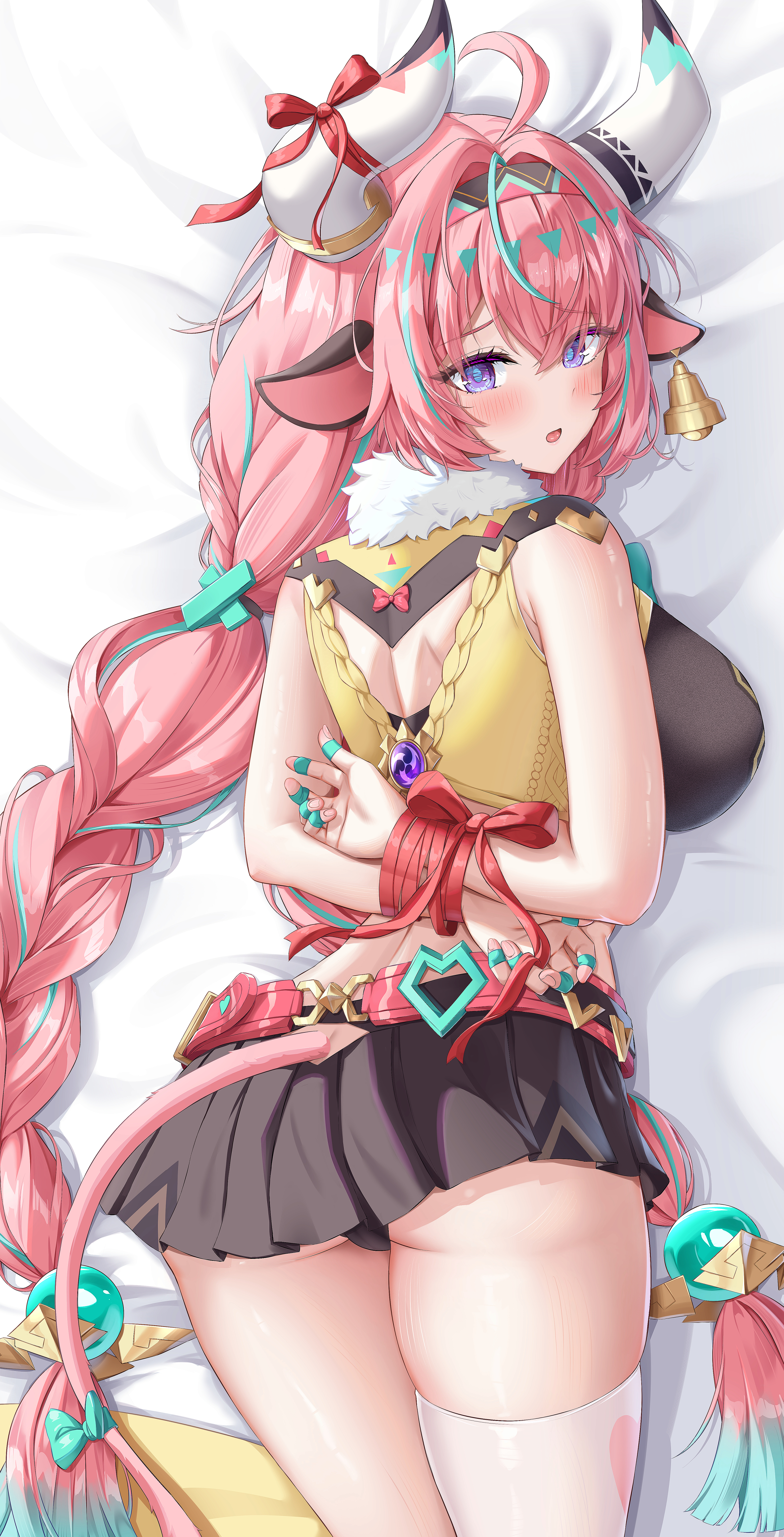 dokimaru, varesa (genshin impact), genshin impact, absurdres, commentary, highres, 1girl, ahoge, animal ears, aqua hair, arms behind back, ass, back, bare shoulders, bell, bell earrings, belt, black skirt, black sports bra, braid, breasts, cow ears, cow girl, cow horns, cow tail, cropped vest, earrings, hairband, horns, jewelry, large breasts, long hair, looking at viewer, looking back, low twin braids, miniskirt, multicolored hair, open mouth, pink hair, purple eyes, single thighhigh, skirt, solo, sports bra, streaked hair, tail, thighhighs, thighs, twin braids, vest, vision (genshin impact), white thighhighs, yellow vest