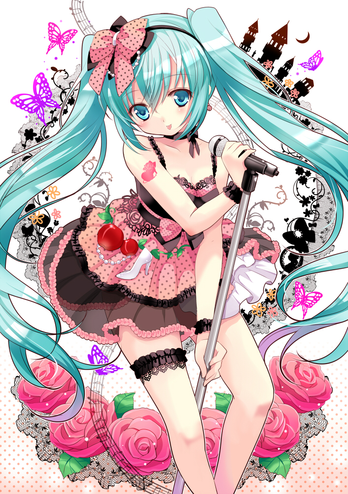 chimochi, dyudyu, hatsune miku, romeo to cinderella (vocaloid), vocaloid, bad id, bad pixiv id, 1girl, apple, aqua eyes, aqua hair, blush, bug, butterfly, choker, dress, female focus, flower, food, food-themed clothes, fruit, hairband, high heels, insect, long hair, microphone, microphone stand, musical note, shoes, solo, tattoo, twintails, very long hair