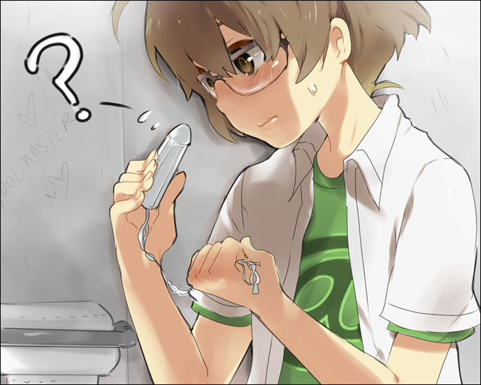 kl (dgzonbi), akizuki ryo, idolmaster, idolmaster dearly stars, 00s, 1boy, ?, androgynous, bathroom, brown eyes, brown hair, copyright name, flying sweatdrops, glasses, holding, male focus, short hair, solo, sweatdrop, tampon, toilet paper, trap, wavy mouth