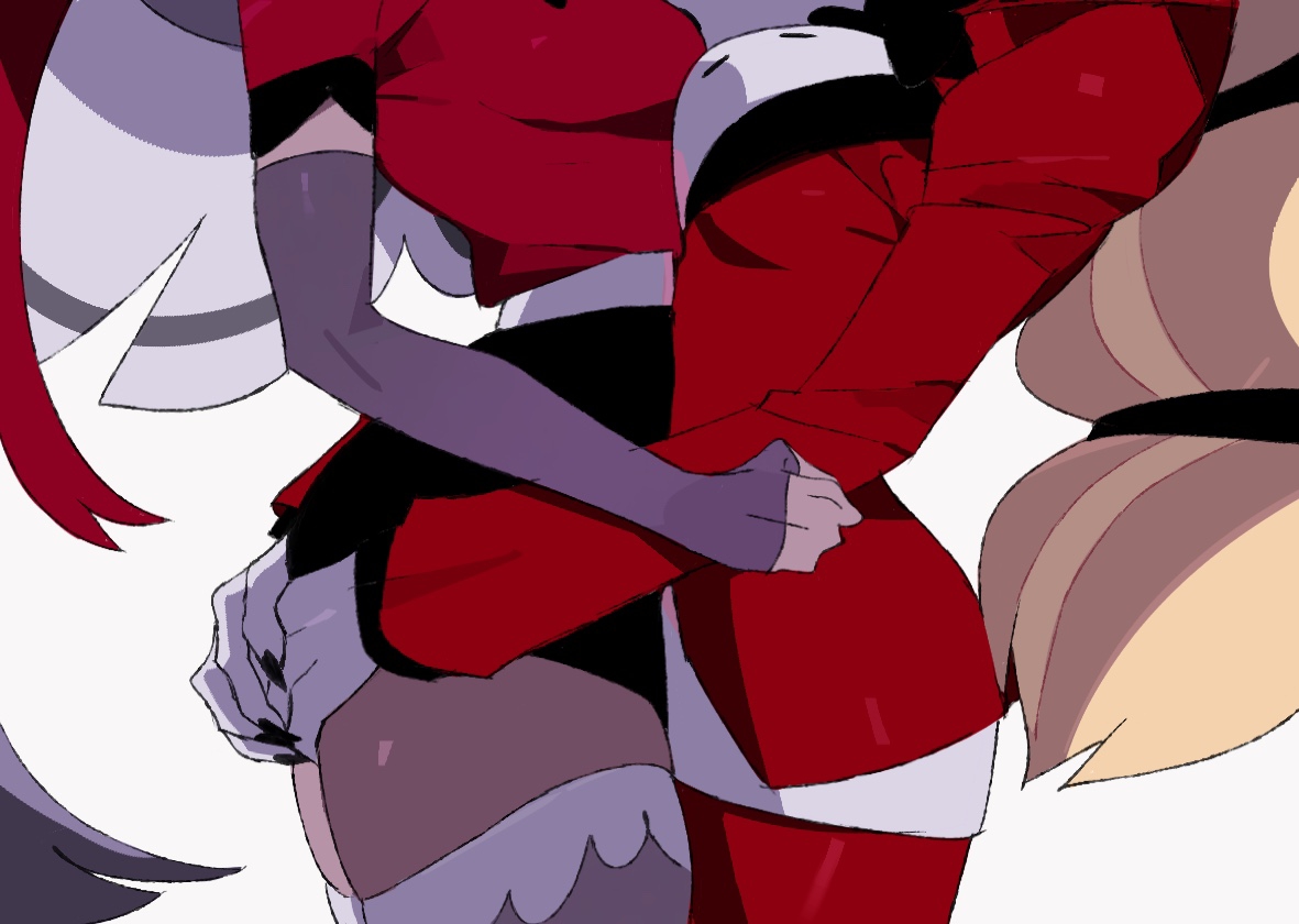 bilidongdong, charlie morningstar, vaggie, hazbin hotel, hellaverse, 2girls, arms around waist, black skirt, clothes lift, colored skin, couple, elbow gloves, fingerless gloves, formal clothes, gloves, grey skin, head out of frame, hug, miniskirt, multi-tied hair, multiple girls, red suit, simple background, skirt, skirt lift, suit, thighhighs, thighs, yuri