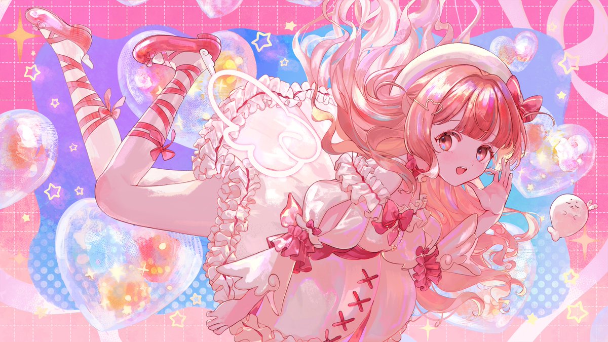 jamu (yakinikuoi4), commentary, english commentary, second-party source, 1girl, beret, dress, frilled dress, frilled sleeves, frills, full body, hair ornament, hat, heart, heart hair ornament, heartsync, kumu cotton, looking at viewer, open mouth, pink eyes, pink hair, pink shoes, pink theme, puffy sleeves, shoes, solo, sparkle, star (symbol), teeth, upper teeth only, virtual youtuber, white dress, white hat